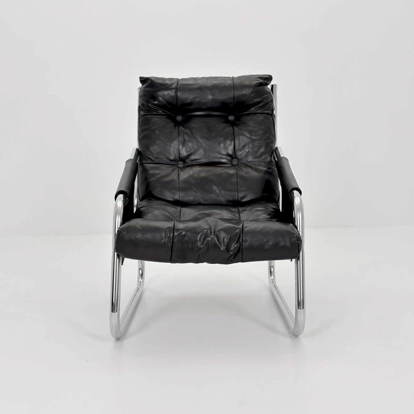 Rare Mid century black leather lounge chair By Gillis Lundgren Ikea Hoss Sweden 1970s