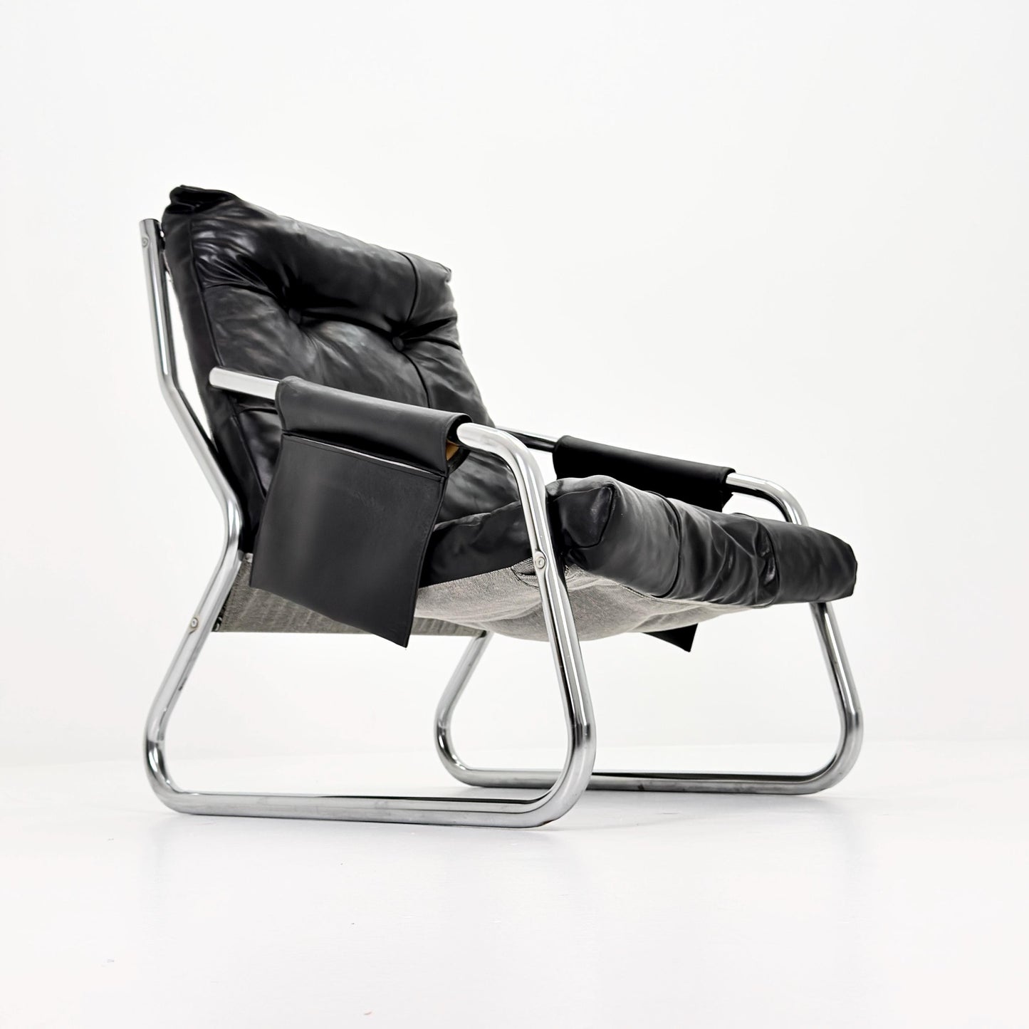 Rare Mid century black leather lounge chair By Gillis Lundgren Ikea Hoss Sweden 1970s
