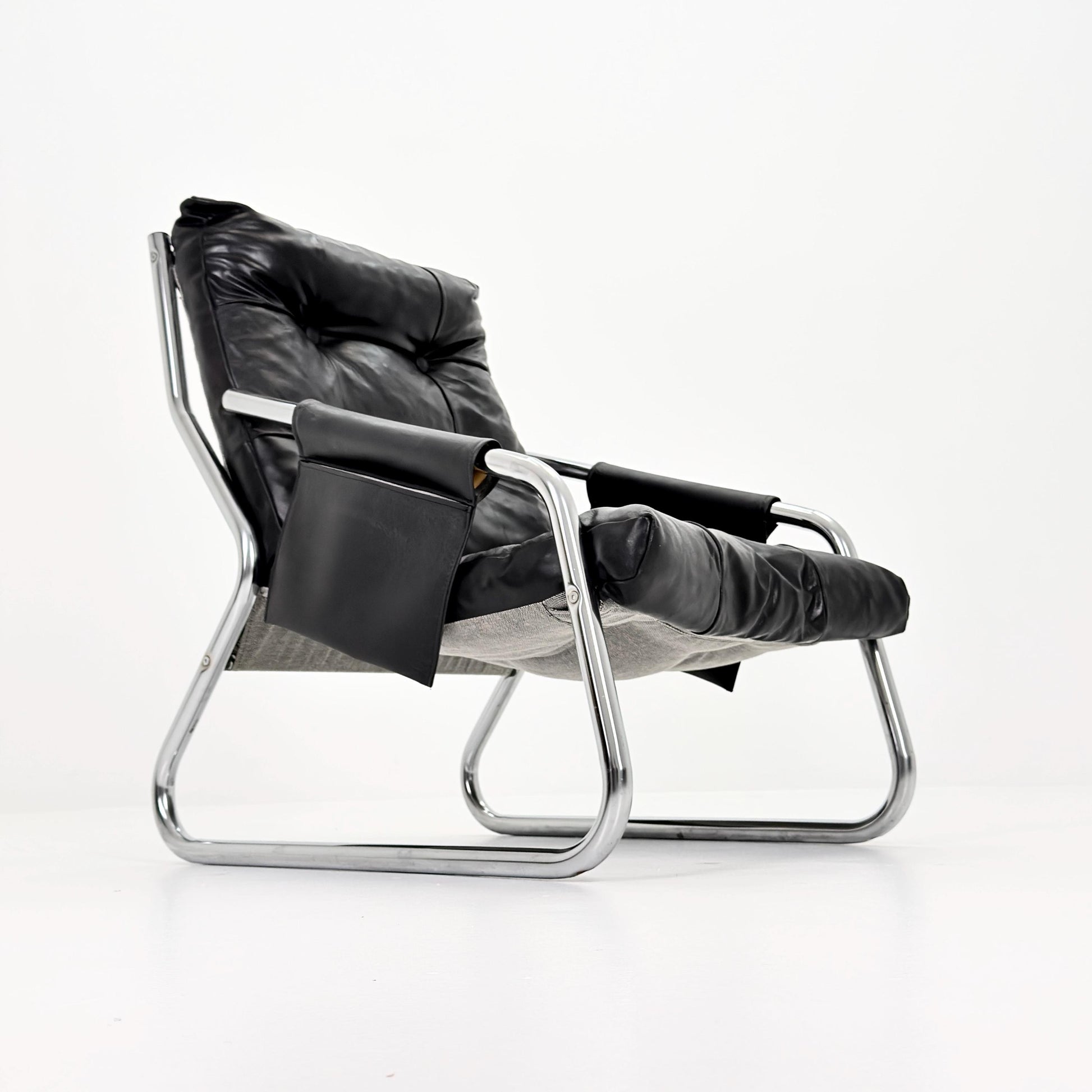 Rare Mid century black leather lounge chair By Gillis Lundgren Ikea Hoss Sweden 1970s
