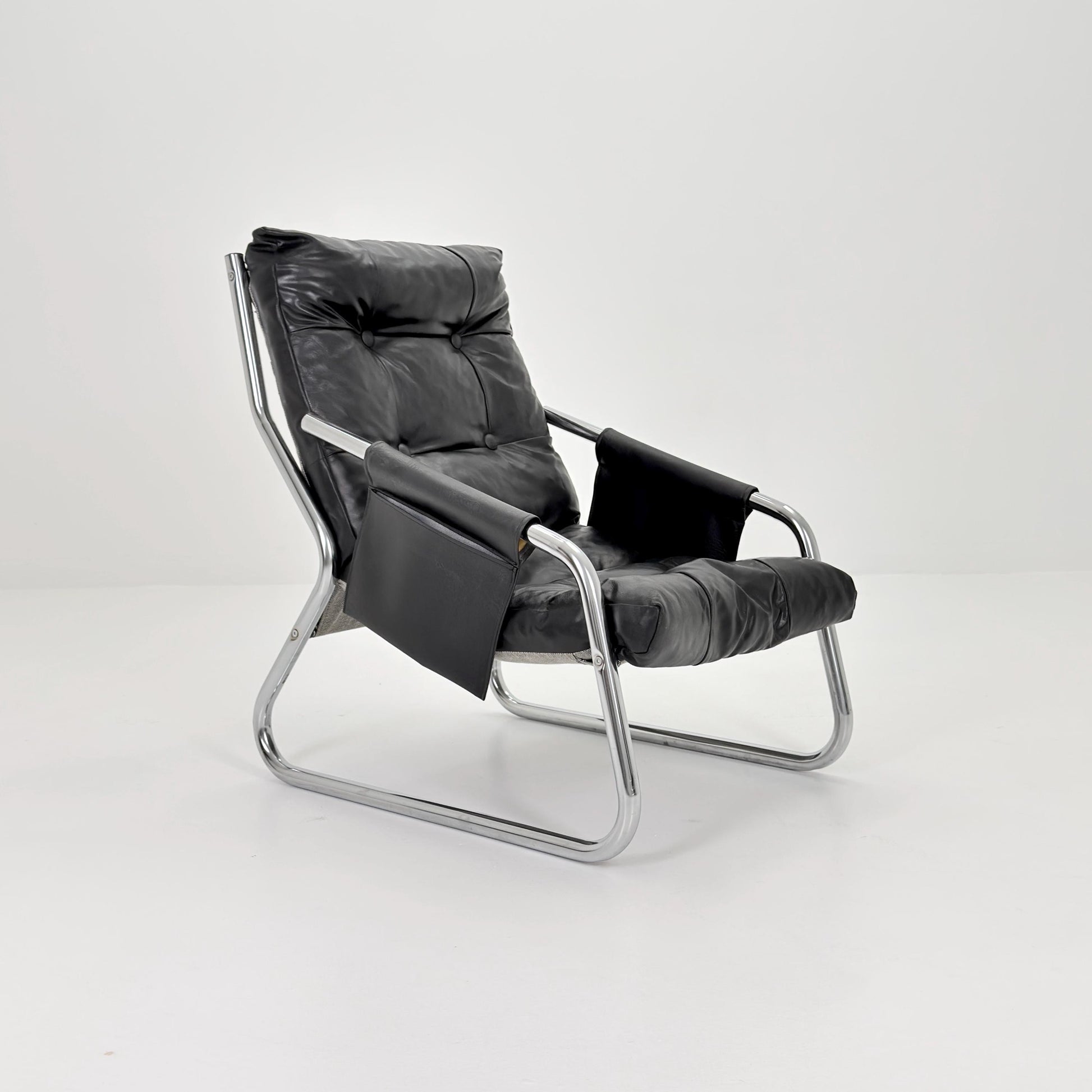 Rare Mid century black leather lounge chair By Gillis Lundgren Ikea Hoss Sweden 1970s