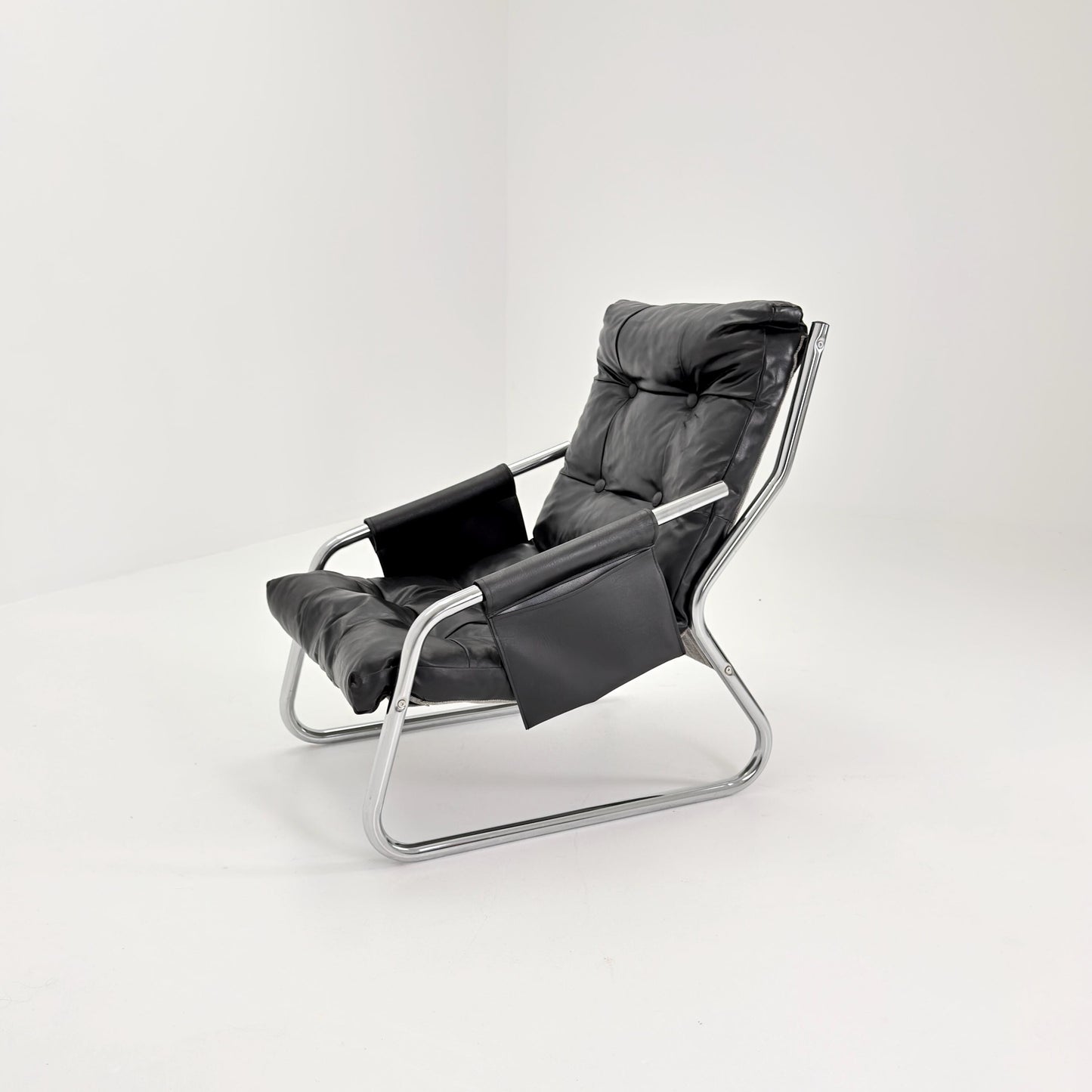 Rare Mid century black leather lounge chair By Gillis Lundgren Ikea Hoss Sweden 1970s