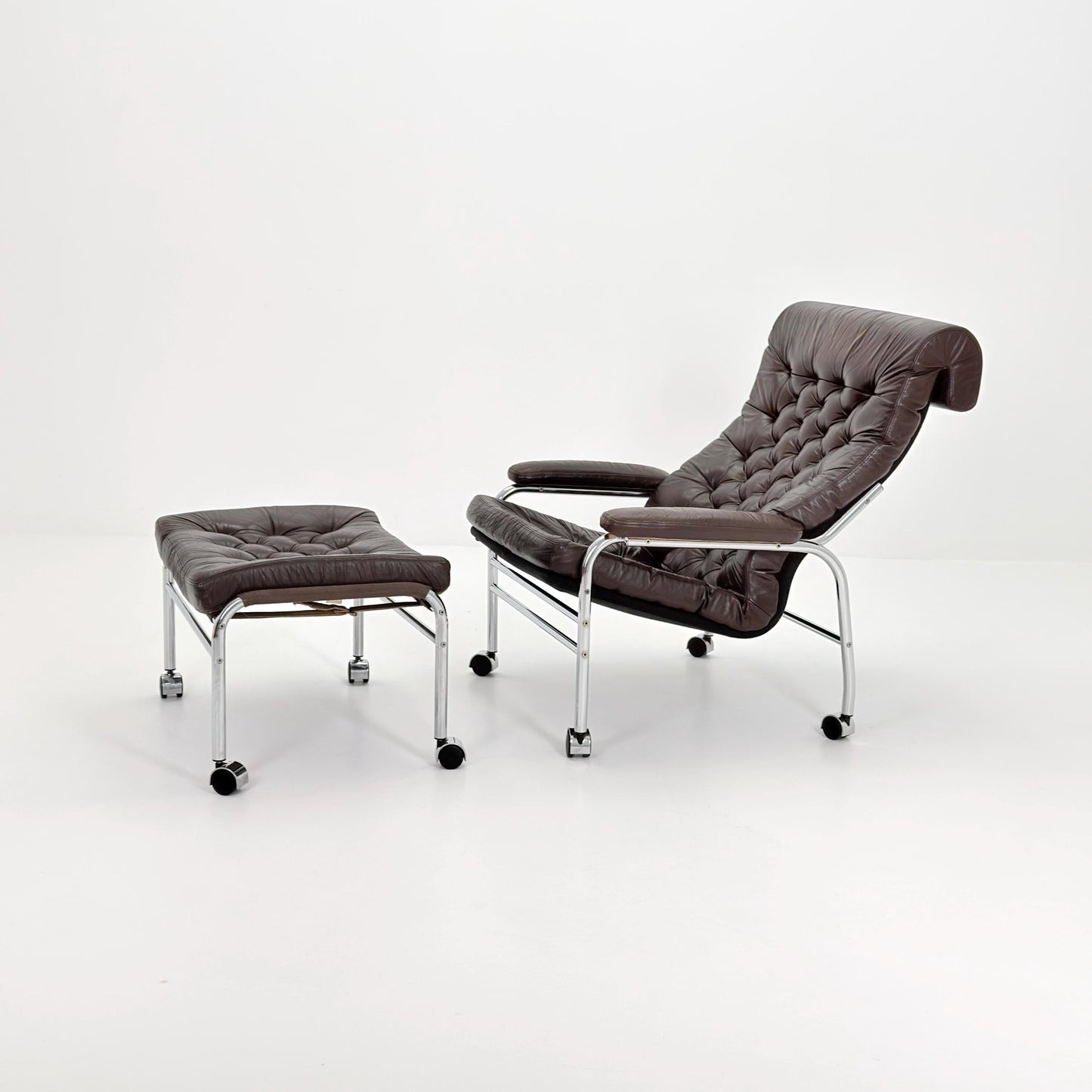 Mid-Century Noboru Nakamura Lounge Chair & Footstool – Rare 1970s Leather, Chrome Frame, IKEA Sweden