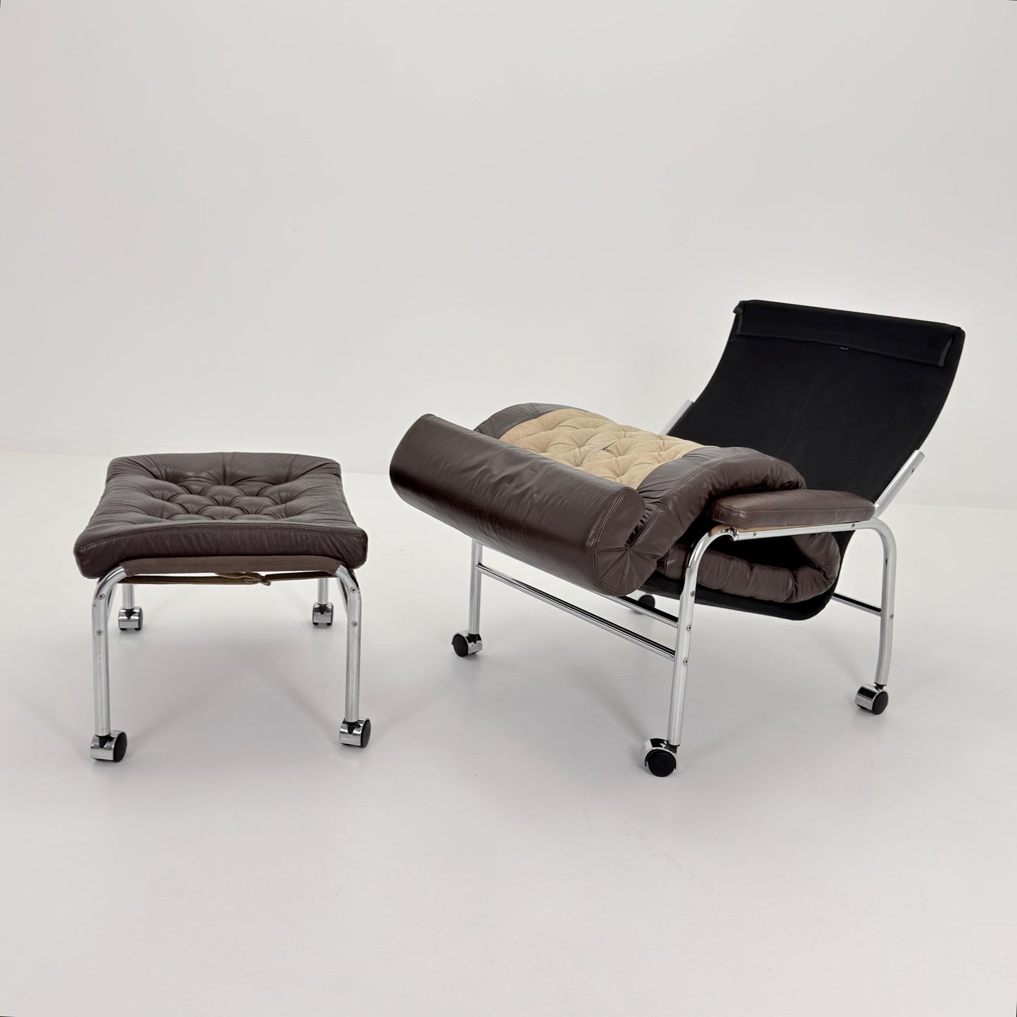 Mid-Century Noboru Nakamura Lounge Chair & Footstool – Rare 1970s Leather, Chrome Frame, IKEA Sweden