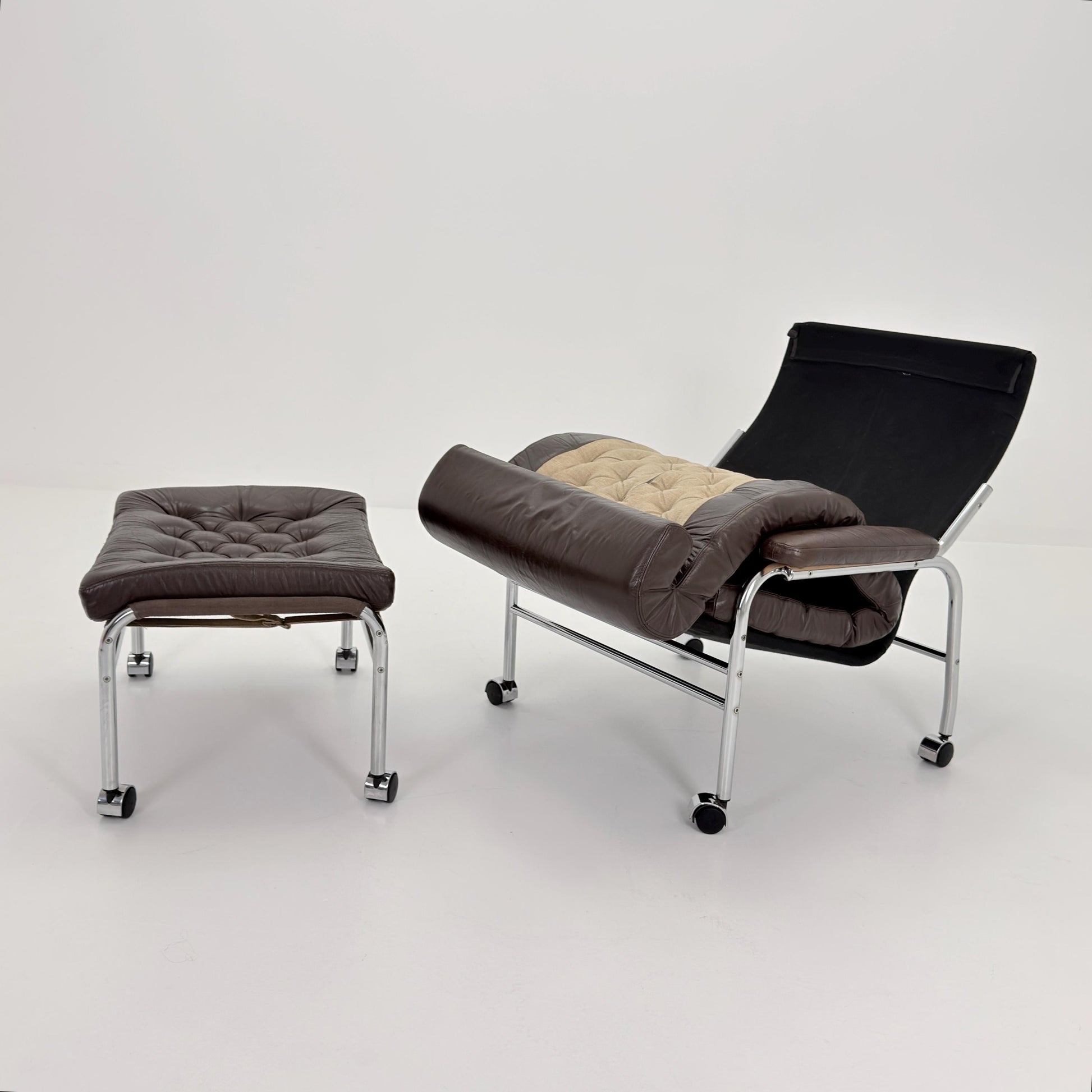 Mid-Century Noboru Nakamura Lounge Chair & Footstool – Rare 1970s Leather, Chrome Frame, IKEA Sweden