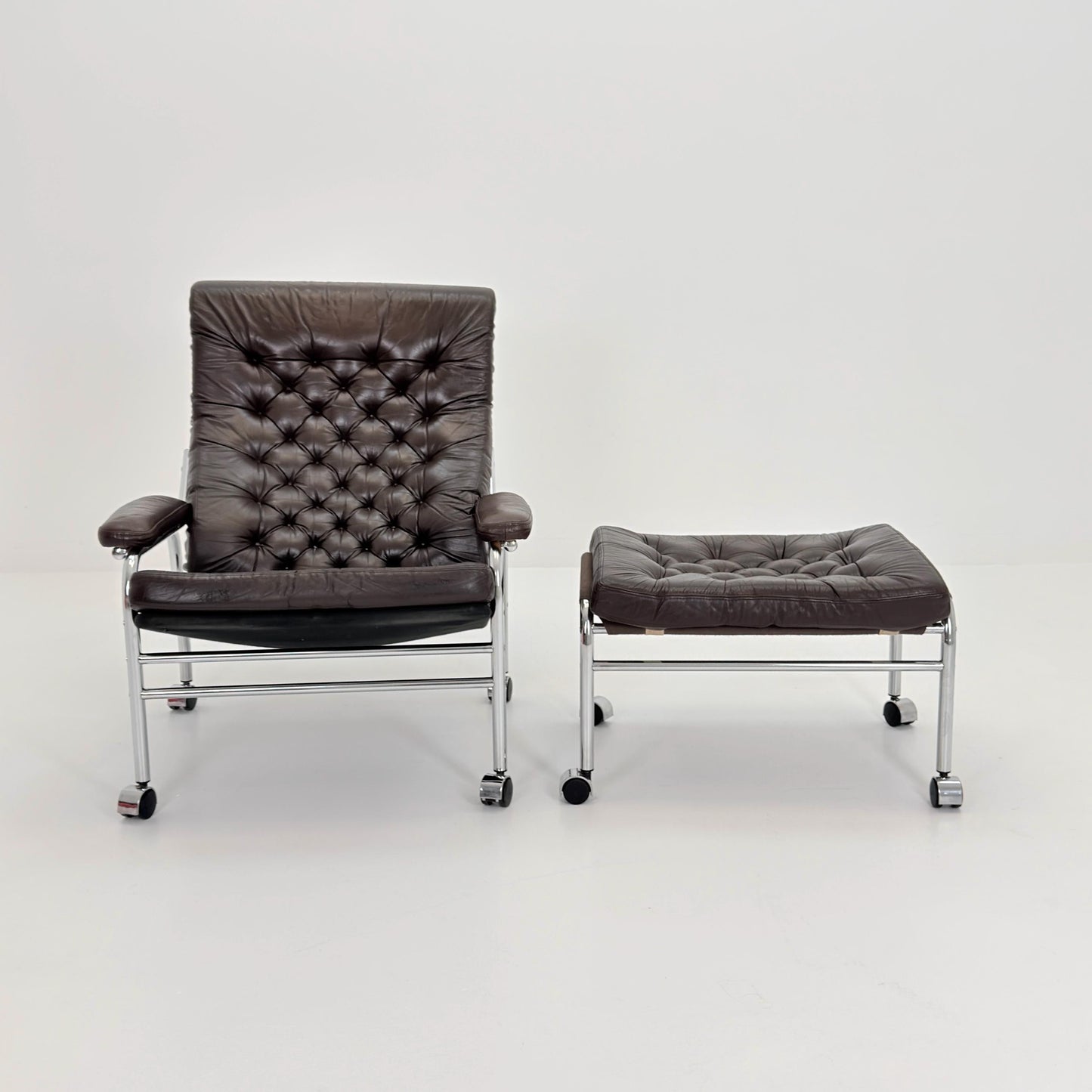 Mid-Century Noboru Nakamura Lounge Chair & Footstool – Rare 1970s Leather, Chrome Frame, IKEA Sweden
