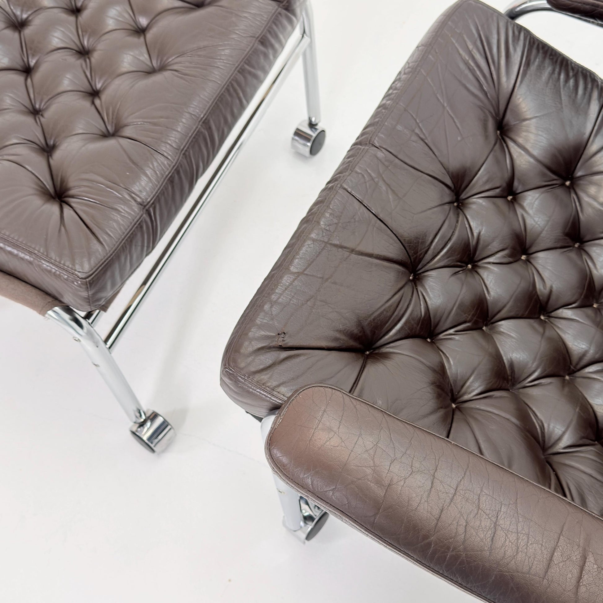 Mid-Century Noboru Nakamura Lounge Chair & Footstool – Rare 1970s Leather, Chrome Frame, IKEA Sweden