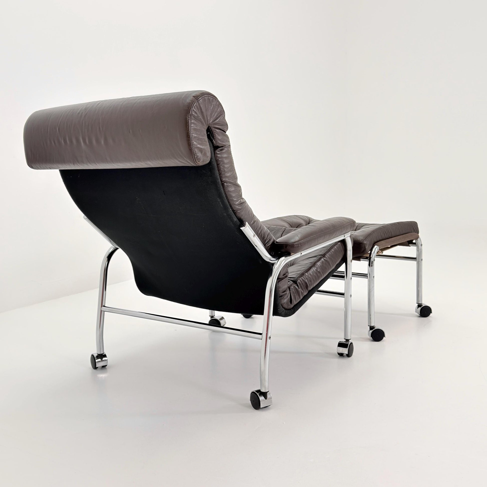 Mid-Century Noboru Nakamura Lounge Chair & Footstool – Rare 1970s Leather, Chrome Frame, IKEA Sweden
