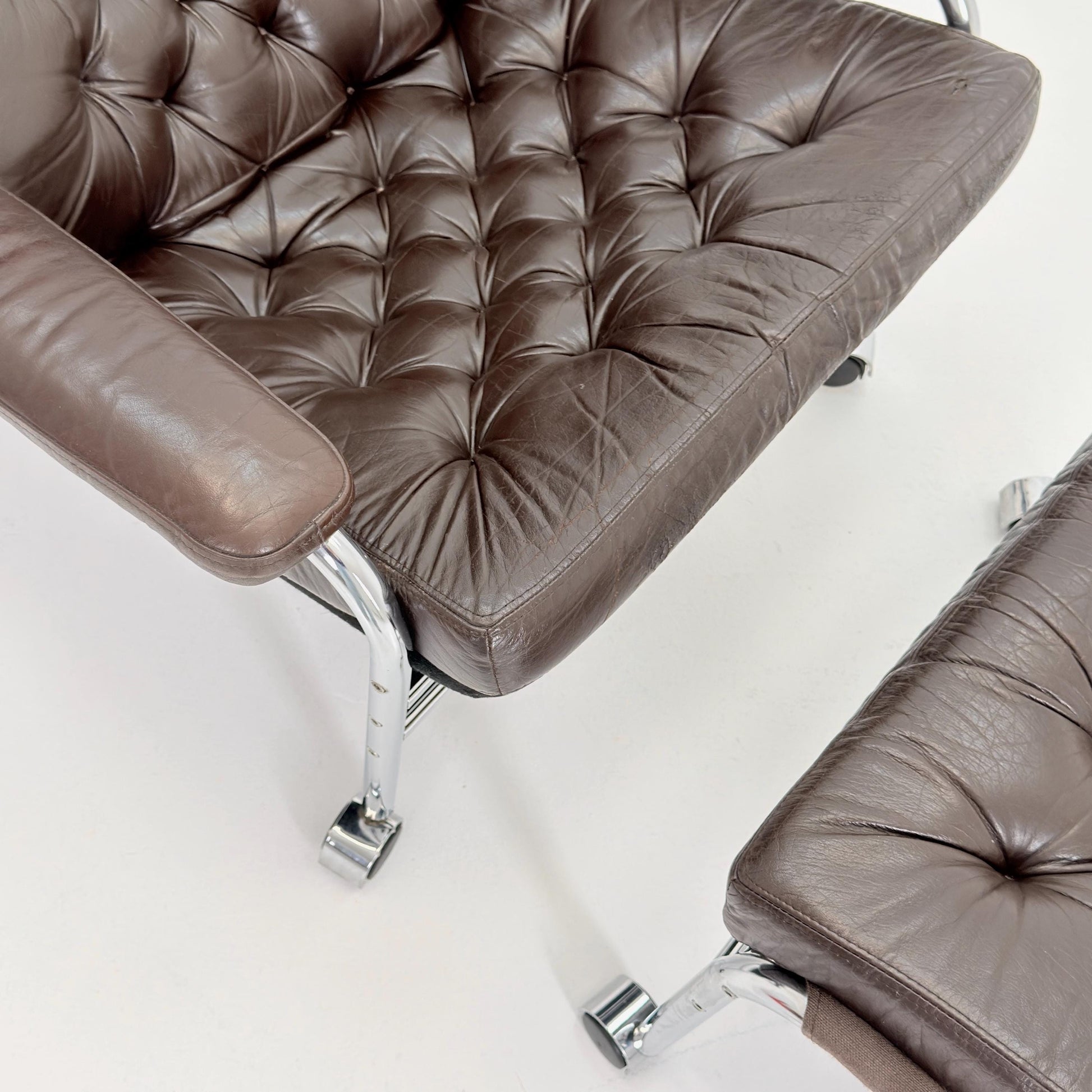 Mid-Century Noboru Nakamura Lounge Chair & Footstool – Rare 1970s Leather, Chrome Frame, IKEA Sweden