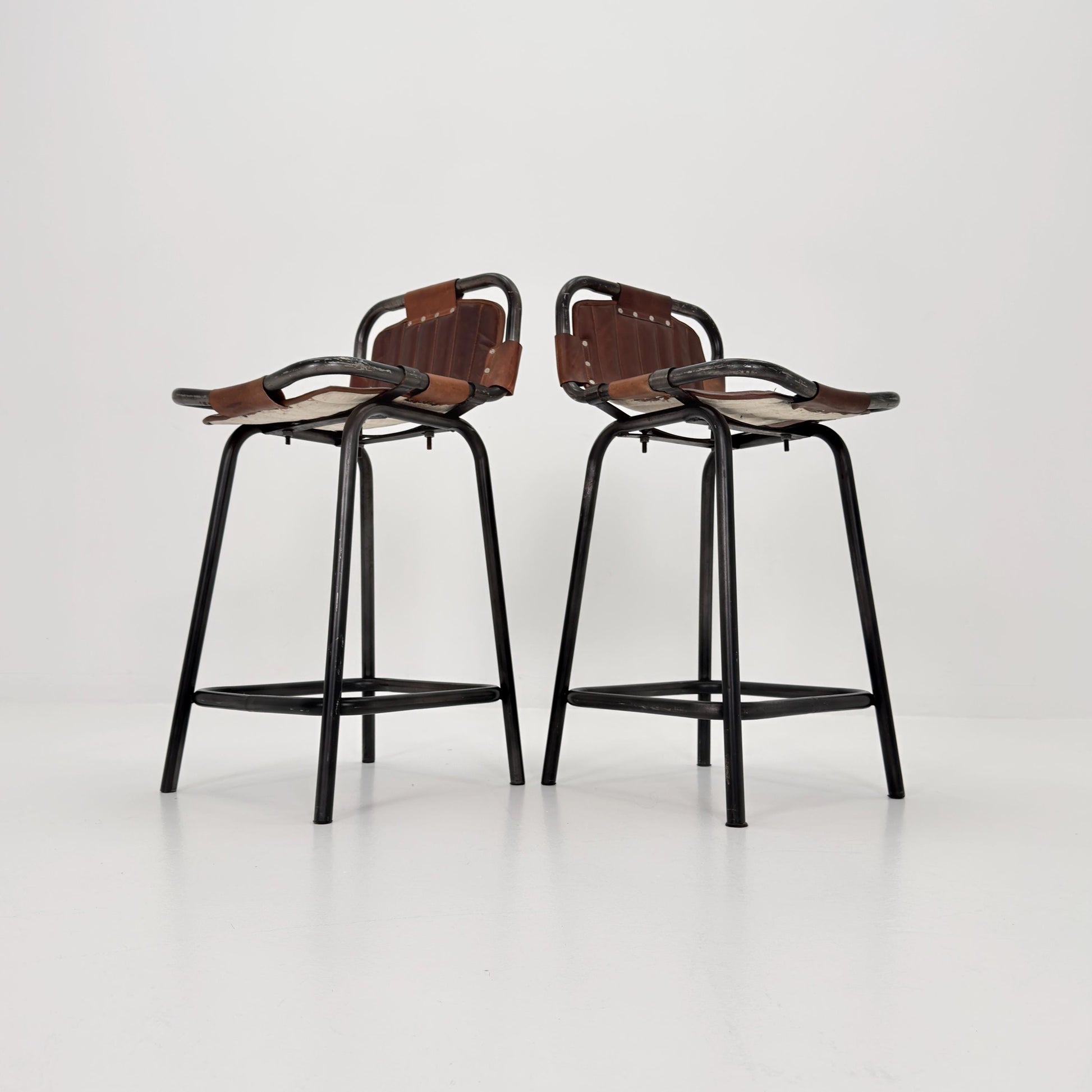 Set of 2 Mid-Century Modern Bar Chairs | Vintage Industrial Leather & Iron Stools 1980s