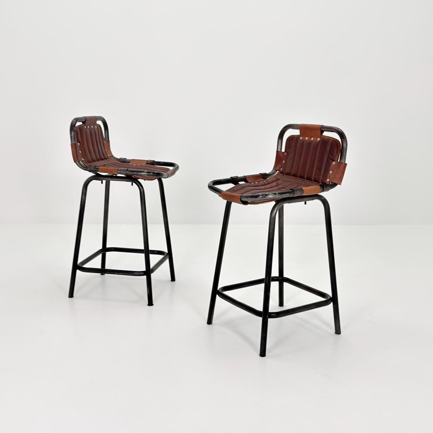 Set of 2 Mid-Century Modern Bar Chairs | Vintage Industrial Leather & Iron Stools 1980s