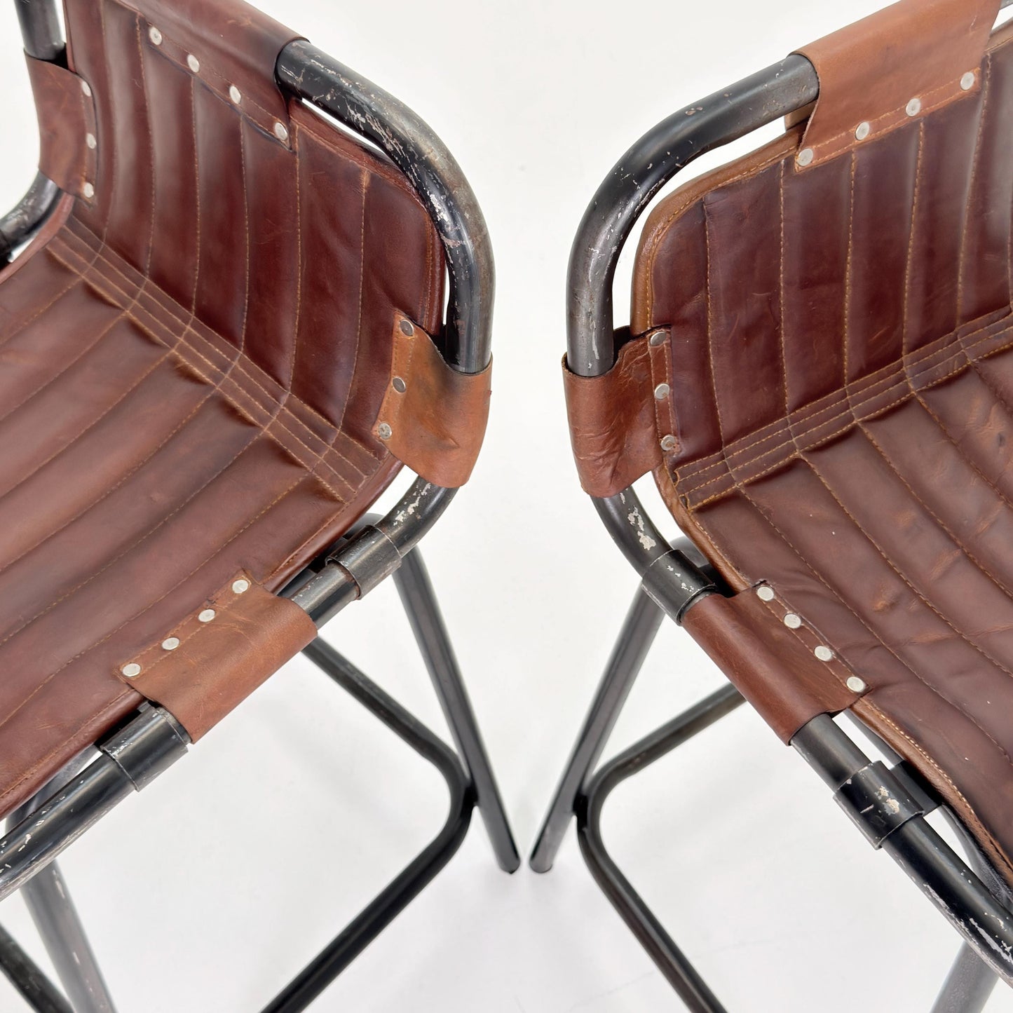 Set of 2 Mid-Century Modern Bar Chairs | Vintage Industrial Leather & Iron Stools 1980s