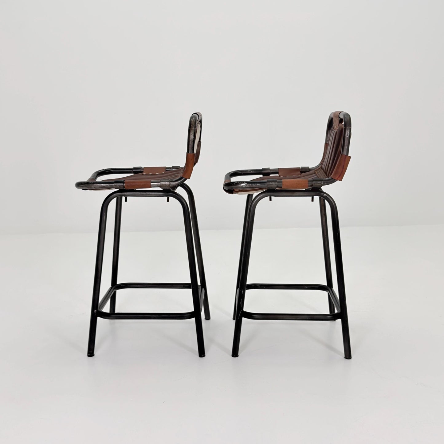 Set of 2 Mid-Century Modern Bar Chairs | Vintage Industrial Leather & Iron Stools 1980s