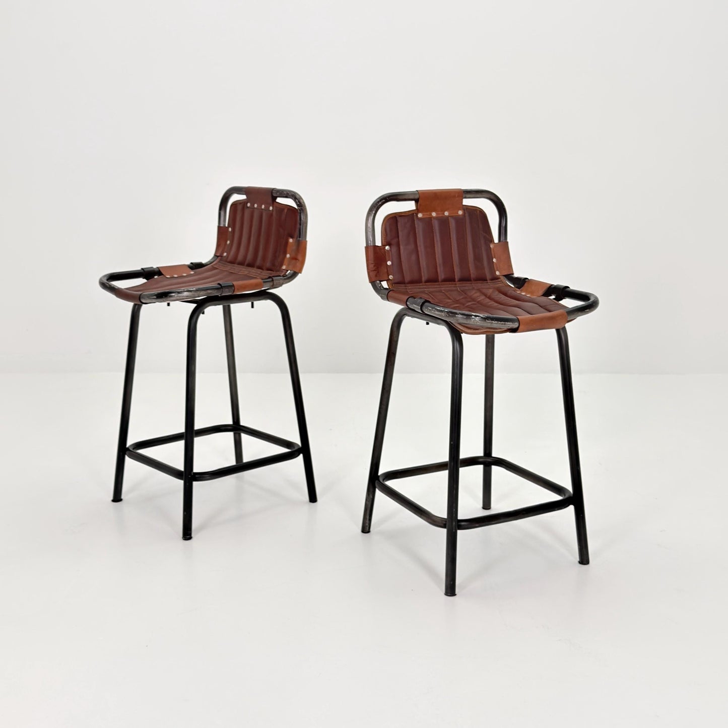 Set of 2 Mid-Century Modern Bar Chairs | Vintage Industrial Leather & Iron Stools 1980s