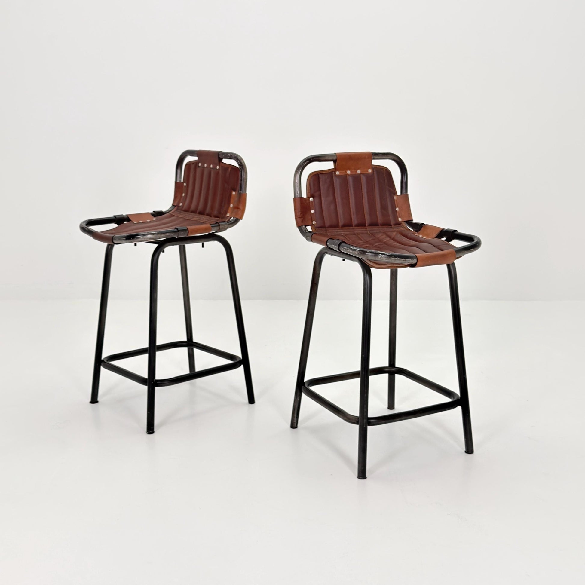 Set of 2 Mid-Century Modern Bar Chairs | Vintage Industrial Leather & Iron Stools 1980s