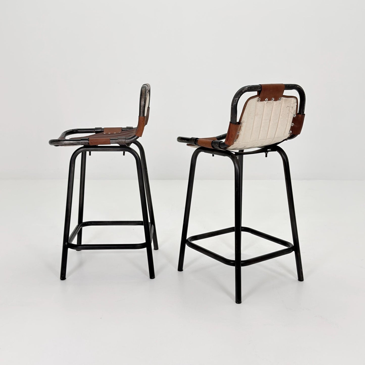 Set of 2 Mid-Century Modern Bar Chairs | Vintage Industrial Leather & Iron Stools 1980s
