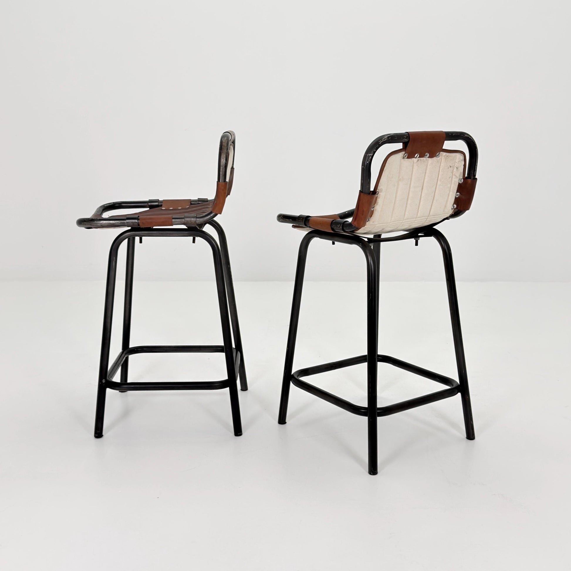 Set of 2 Mid-Century Modern Bar Chairs | Vintage Industrial Leather & Iron Stools 1980s