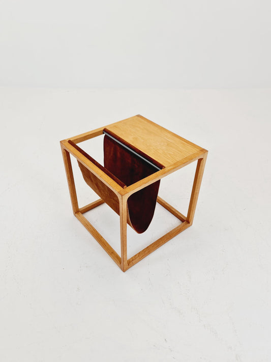 Midcentury Danish teak side table with Magazine Leather Pouch by Aksel kjersgaard 1960s
