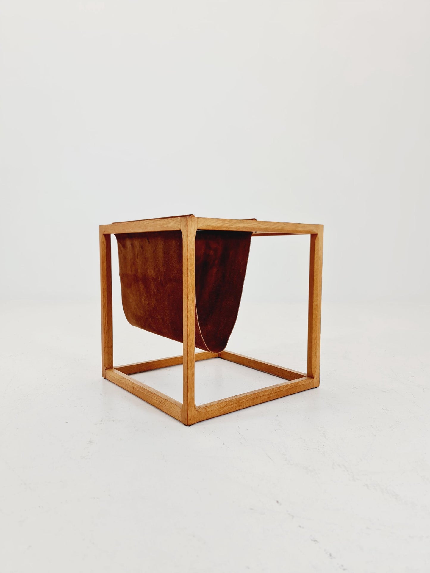 Midcentury Danish teak side table with Magazine Leather Pouch by Aksel kjersgaard 1960s