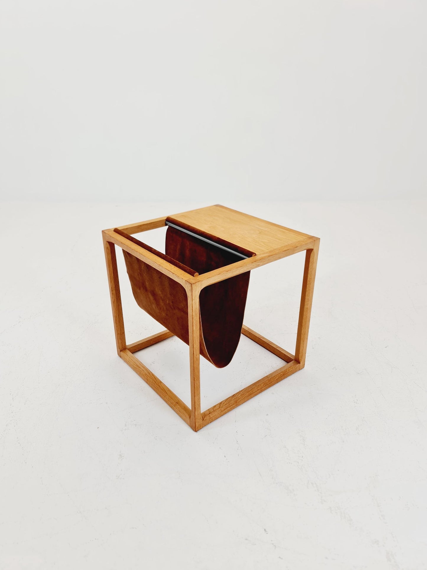 Midcentury Danish teak side table with Magazine Leather Pouch by Aksel kjersgaard 1960s