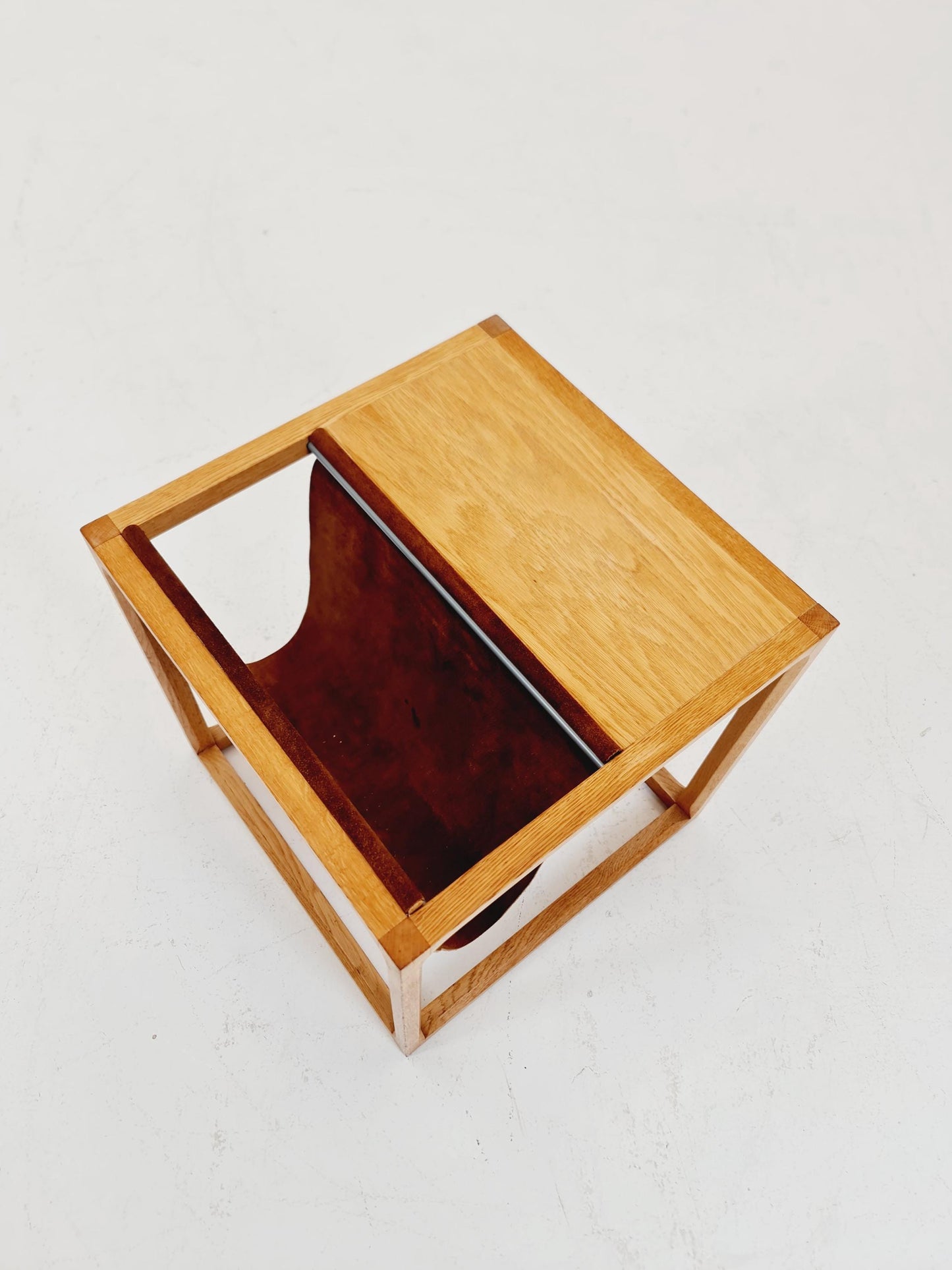 Midcentury Danish teak side table with Magazine Leather Pouch by Aksel kjersgaard 1960s