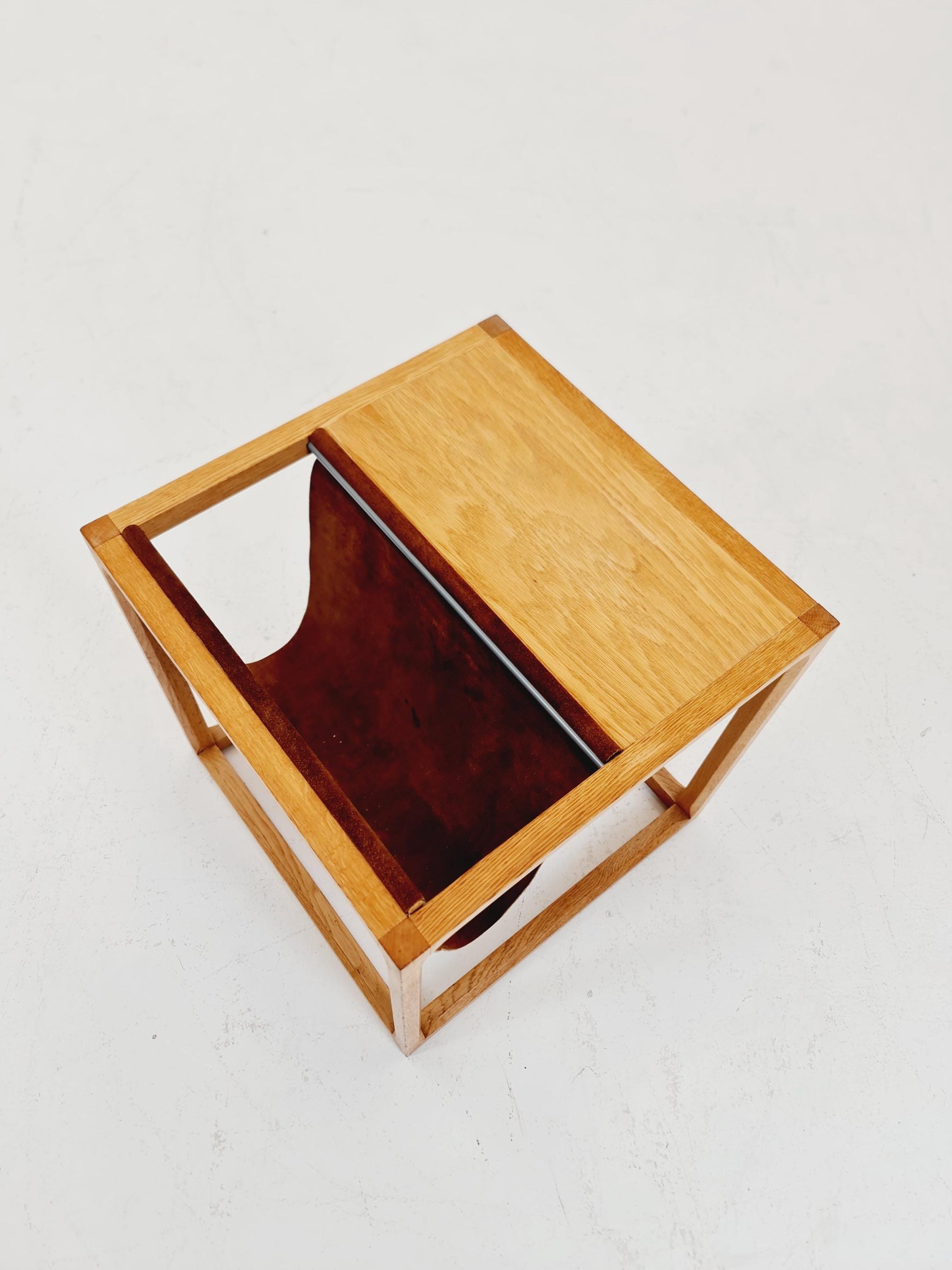 Midcentury Danish teak side table with Magazine Leather Pouch by Aksel kjersgaard 1960s
