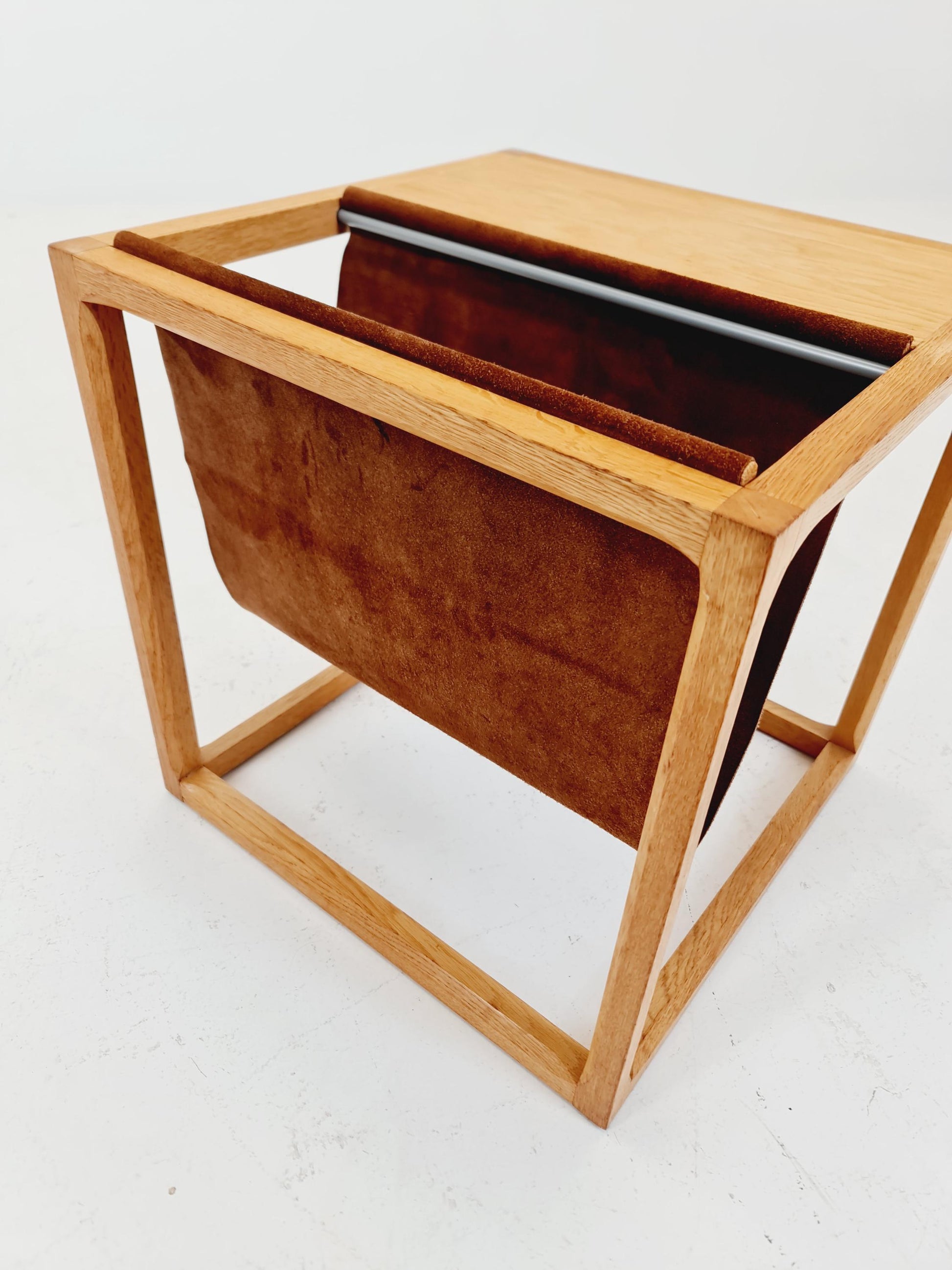 Midcentury Danish teak side table with Magazine Leather Pouch by Aksel kjersgaard 1960s