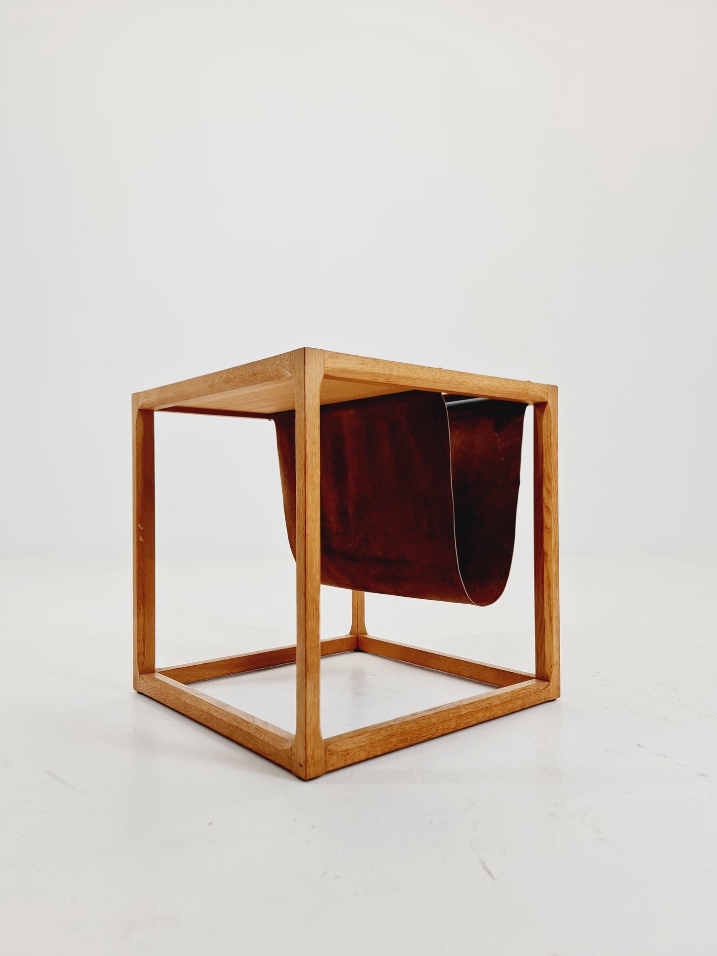 Midcentury Danish teak side table with Magazine Leather Pouch by Aksel kjersgaard 1960s