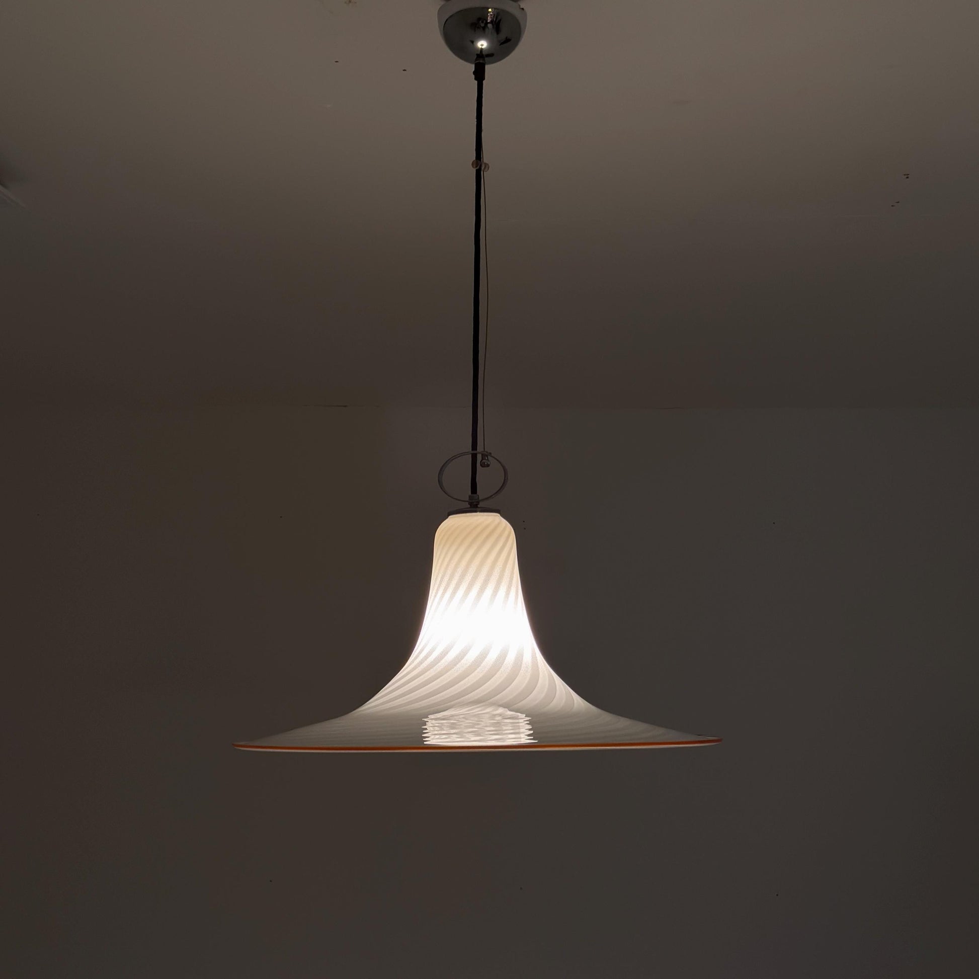 Mid century Large Murano Glass Swirl Pendant Lamp Italy 1980s | White Glass Ceiling Light | Hand Blown Italian Murano