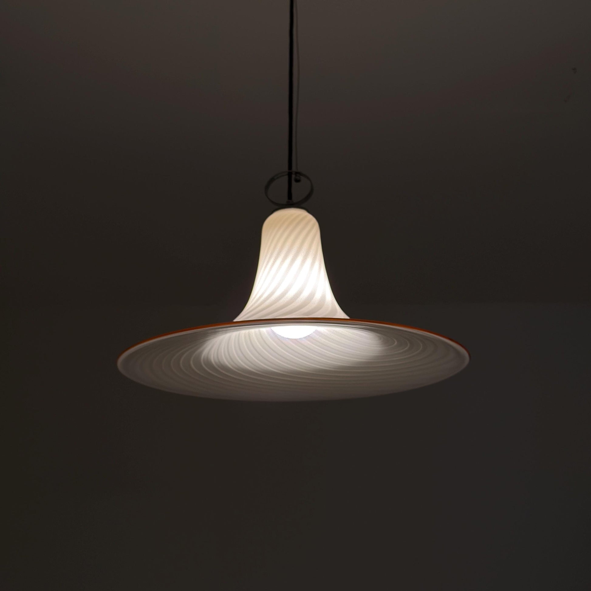 Mid century Large Murano Glass Swirl Pendant Lamp Italy 1980s | White Glass Ceiling Light | Hand Blown Italian Murano