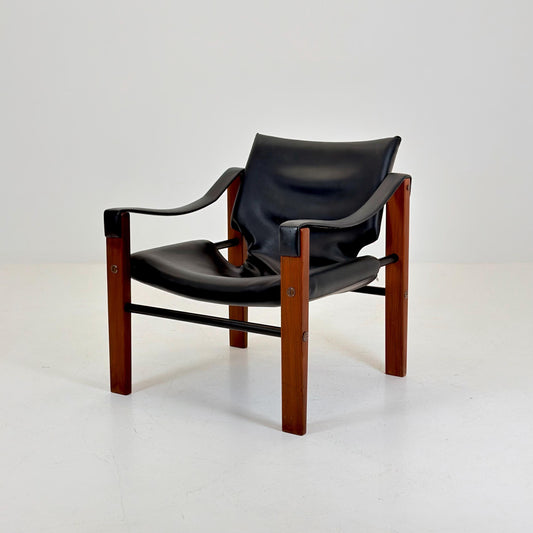 Mid century black leather Safari armchairs from Arkana by Maurice Burke, United Kingdom 1970s Scotland