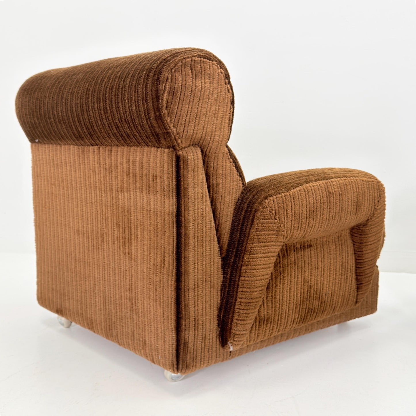 1 of 2 Mid Century Brown Corduroy Lounge Chair on Casters, 1970s Club Chair, Italy