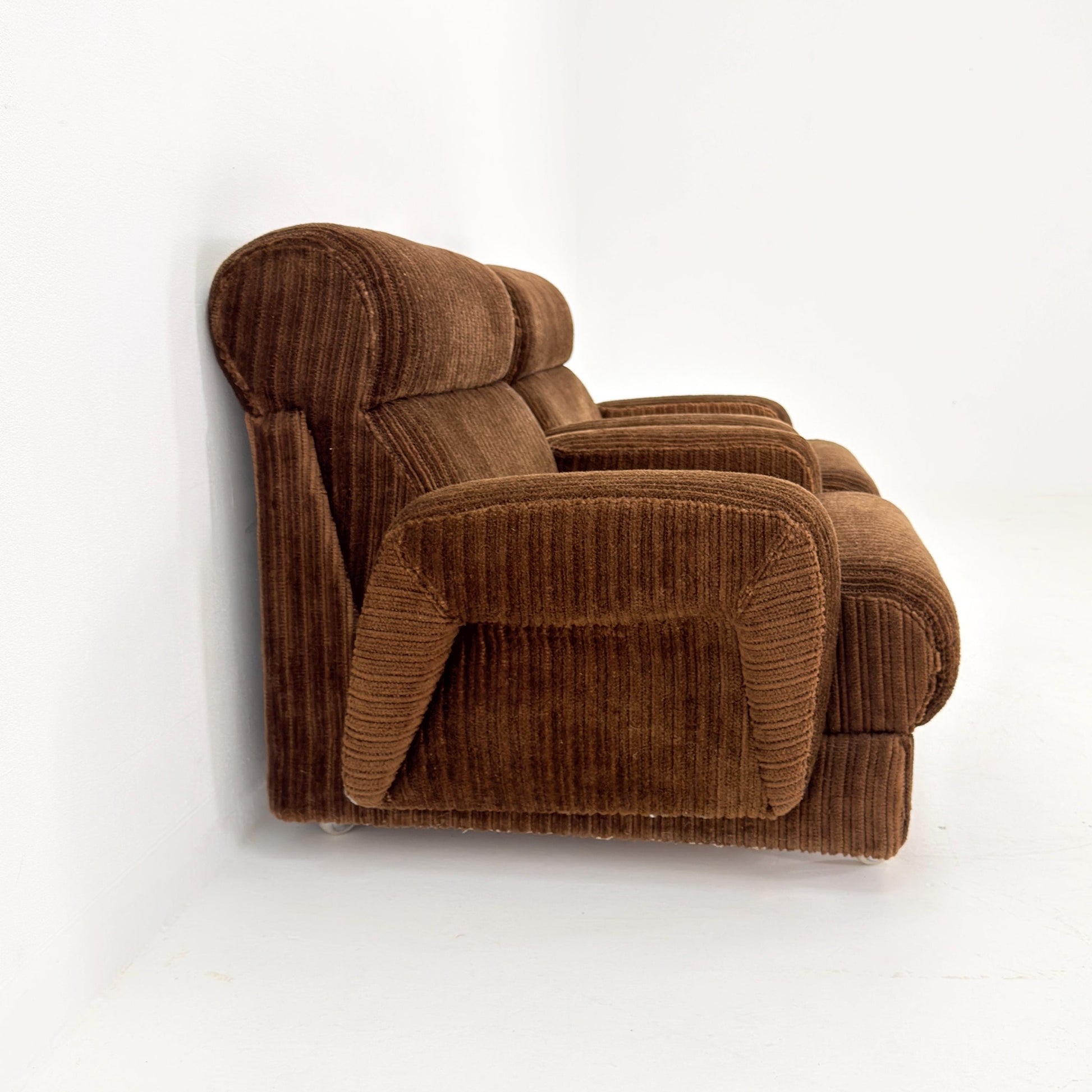 1 of 2 Mid Century Brown Corduroy Lounge Chair on Casters, 1970s Club Chair, Italy