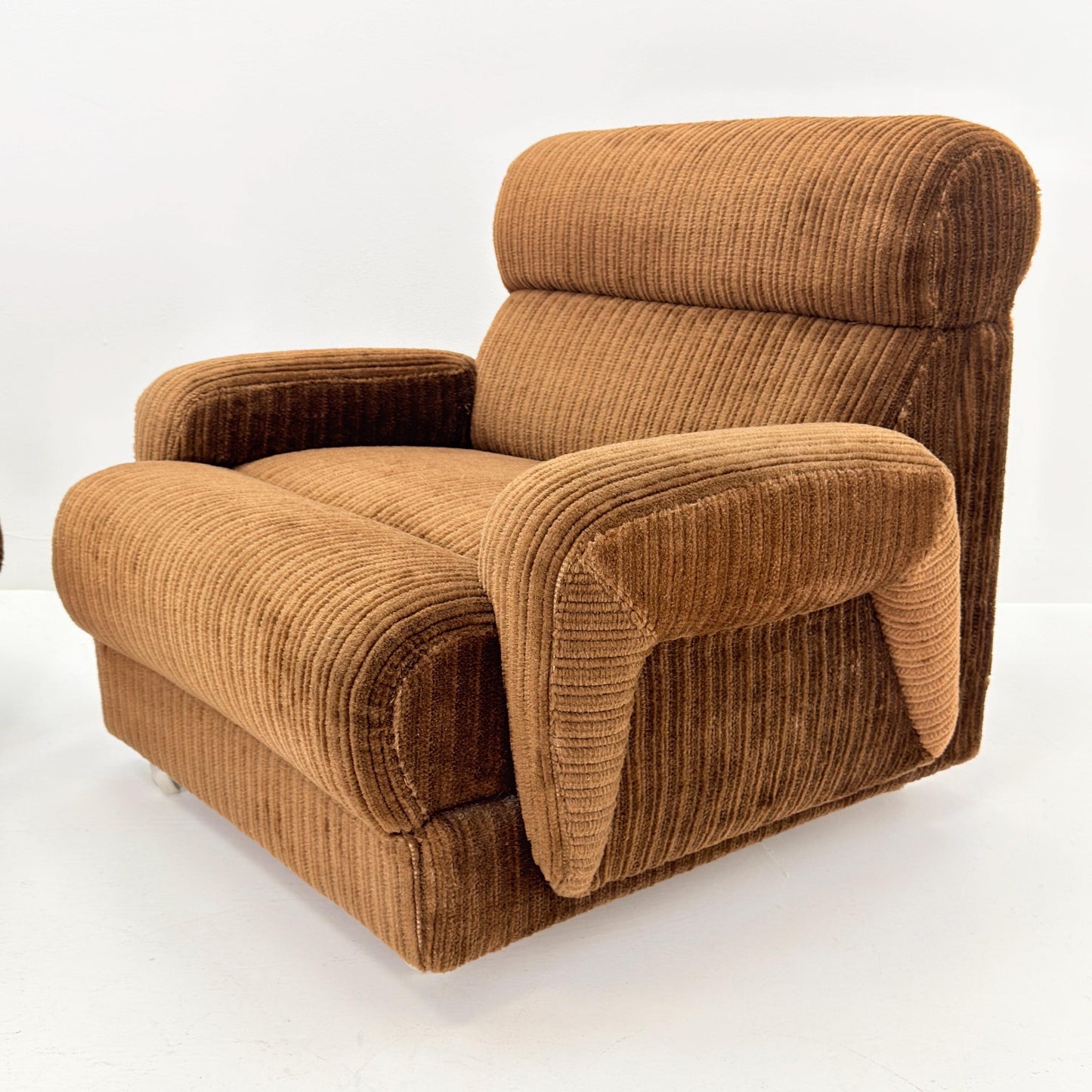 1 of 2 Mid Century Brown Corduroy Lounge Chair on Casters, 1970s Club Chair, Italy