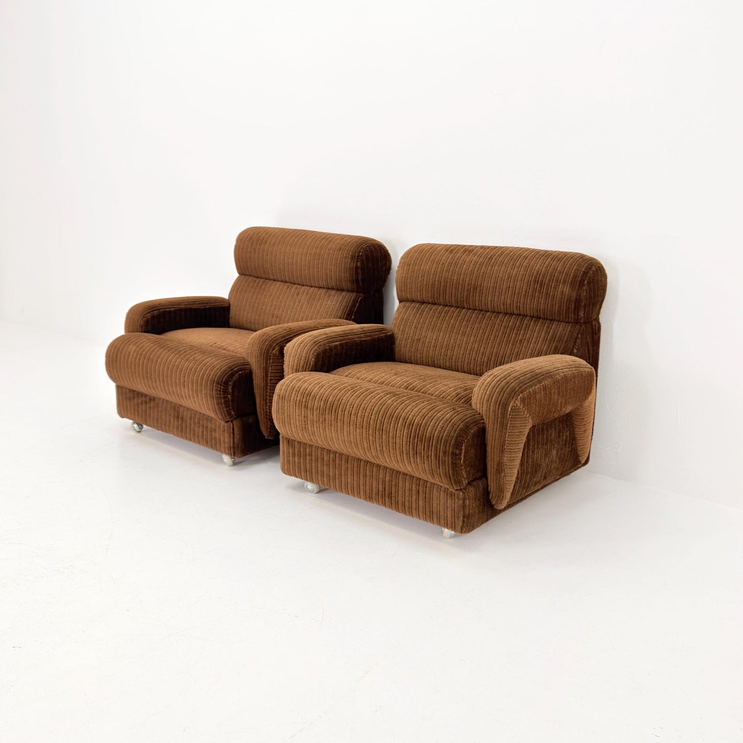 1 of 2 Mid Century Brown Corduroy Lounge Chair on Casters, 1970s Club Chair, Italy