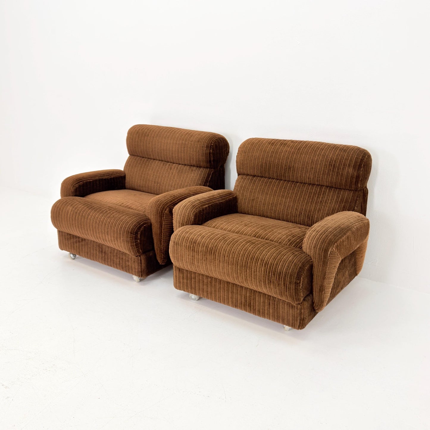 1 of 2 Mid Century Brown Corduroy Lounge Chair on Casters, 1970s Club Chair, Italy