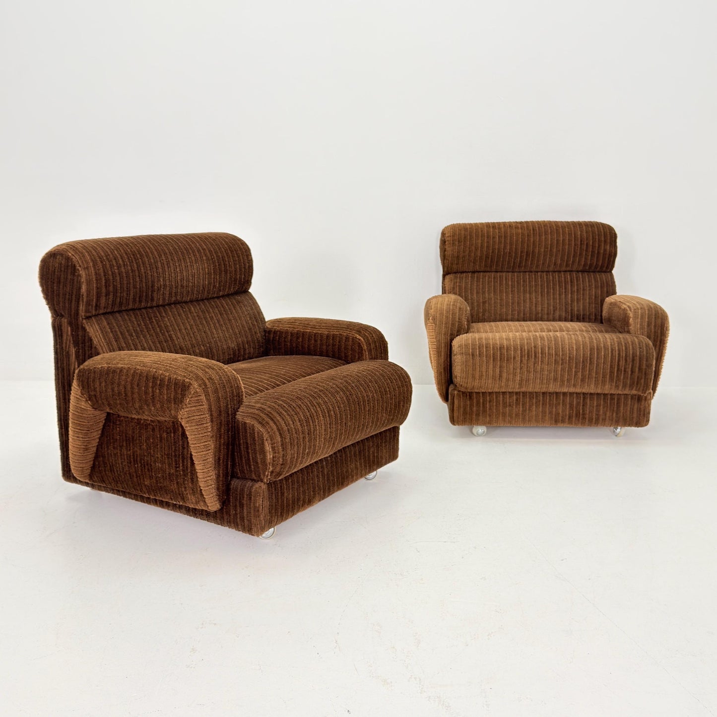 1 of 2 Mid Century Brown Corduroy Lounge Chair on Casters, 1970s Club Chair, Italy