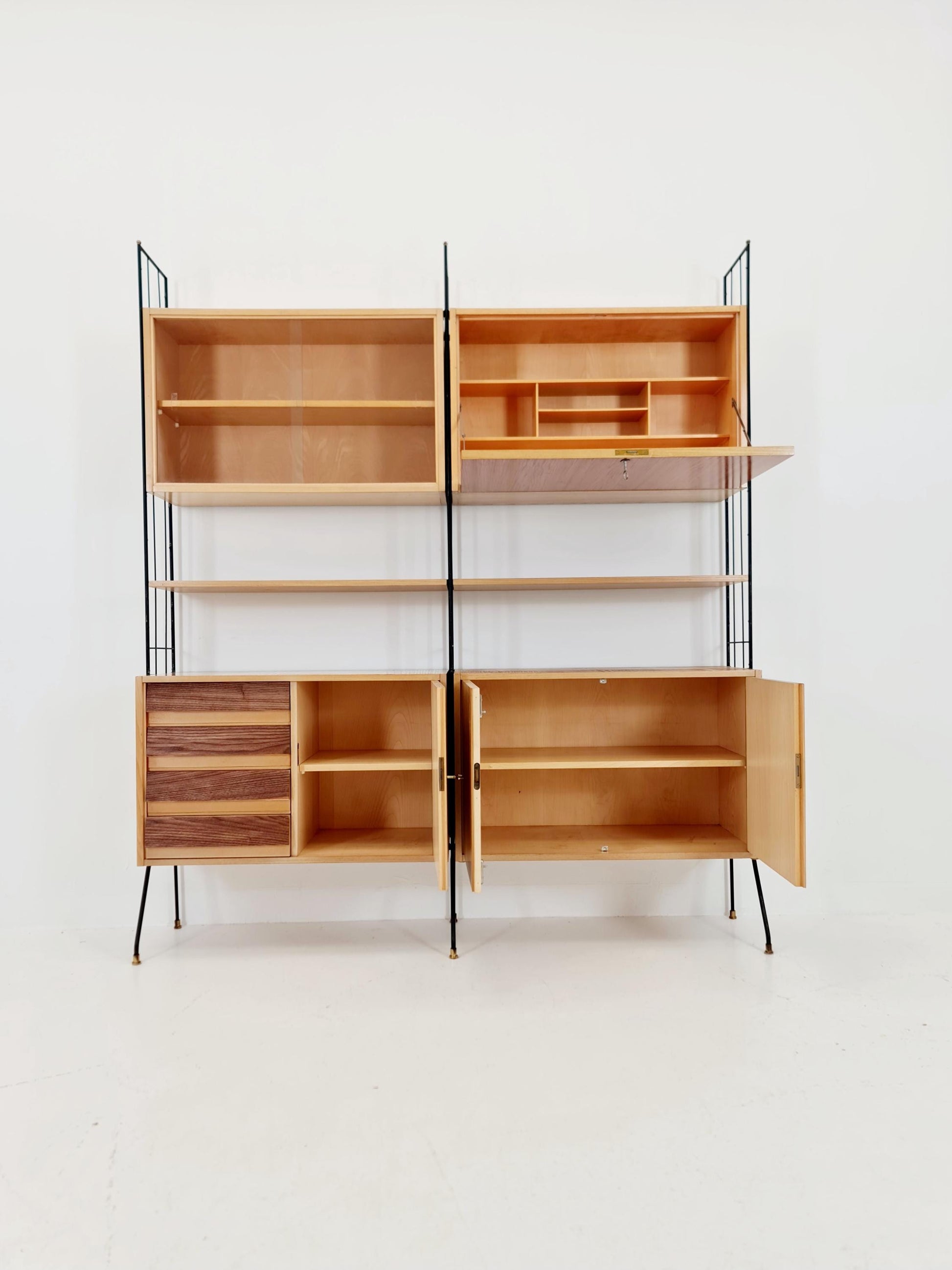 Freestanding string shelf-system unit bookcase ash ,walnut & metal by koch Möbel Germany, 1950s