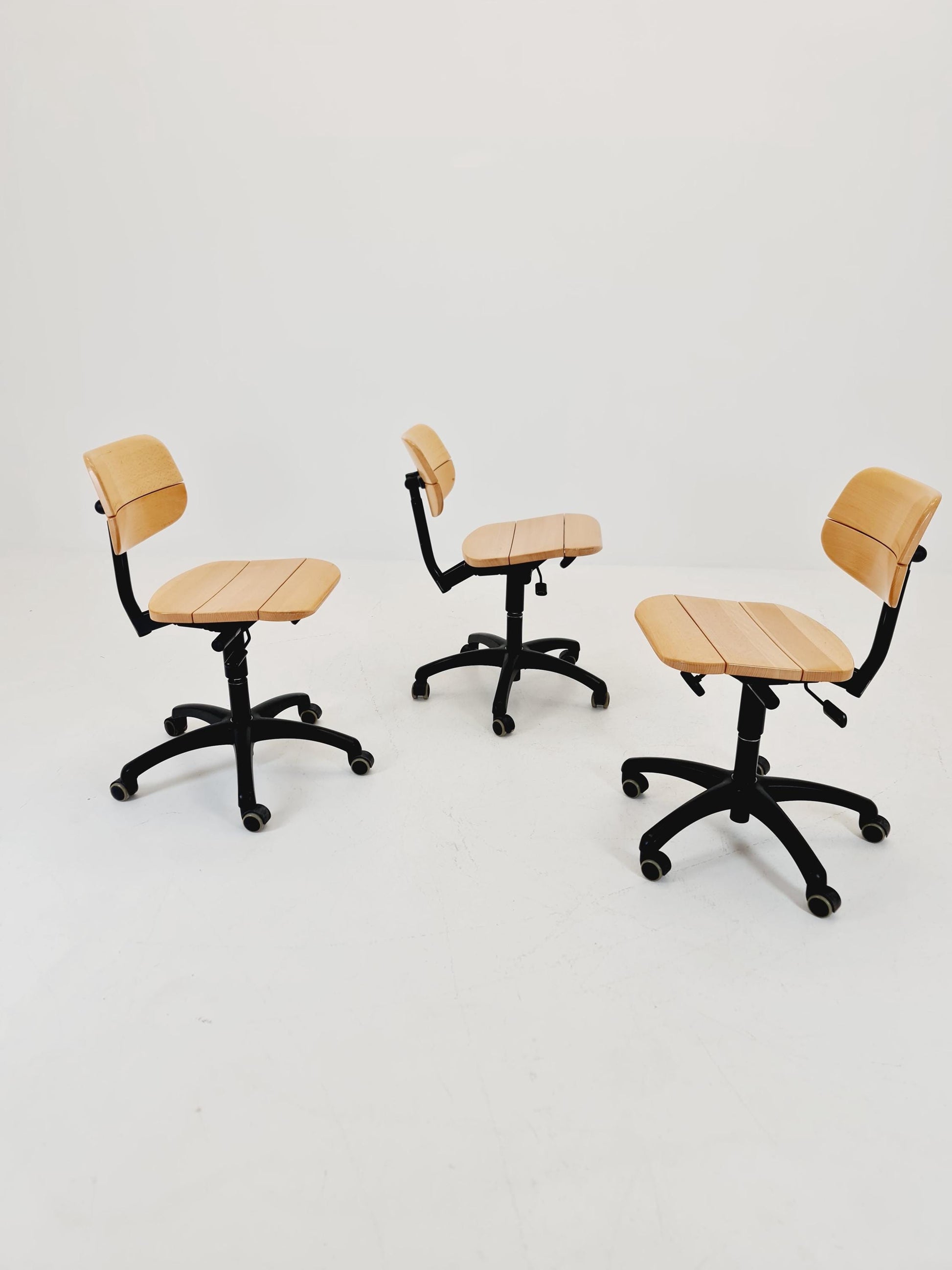 1 of 3 Bauhaus swivel office Armchair in solid wood By stollgiroflex 1990s