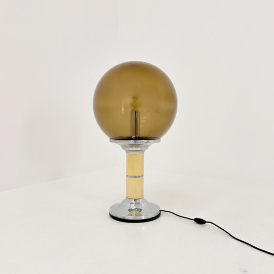 Mid Century Italian Chrome & Smoked Plexiglass Table Lamp, 1980s