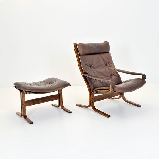 Mid Century Siesta High Back Lounge Chair & Ottoman Set by Ingmar Relling for Westnofa Norway 1960s