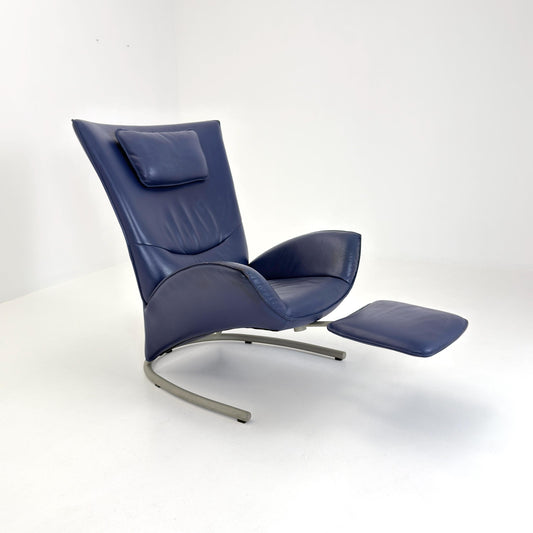 Mid Century Rolf Benz 1900 Blue Leather Lounge Chair with Footrest, Germany 1990s