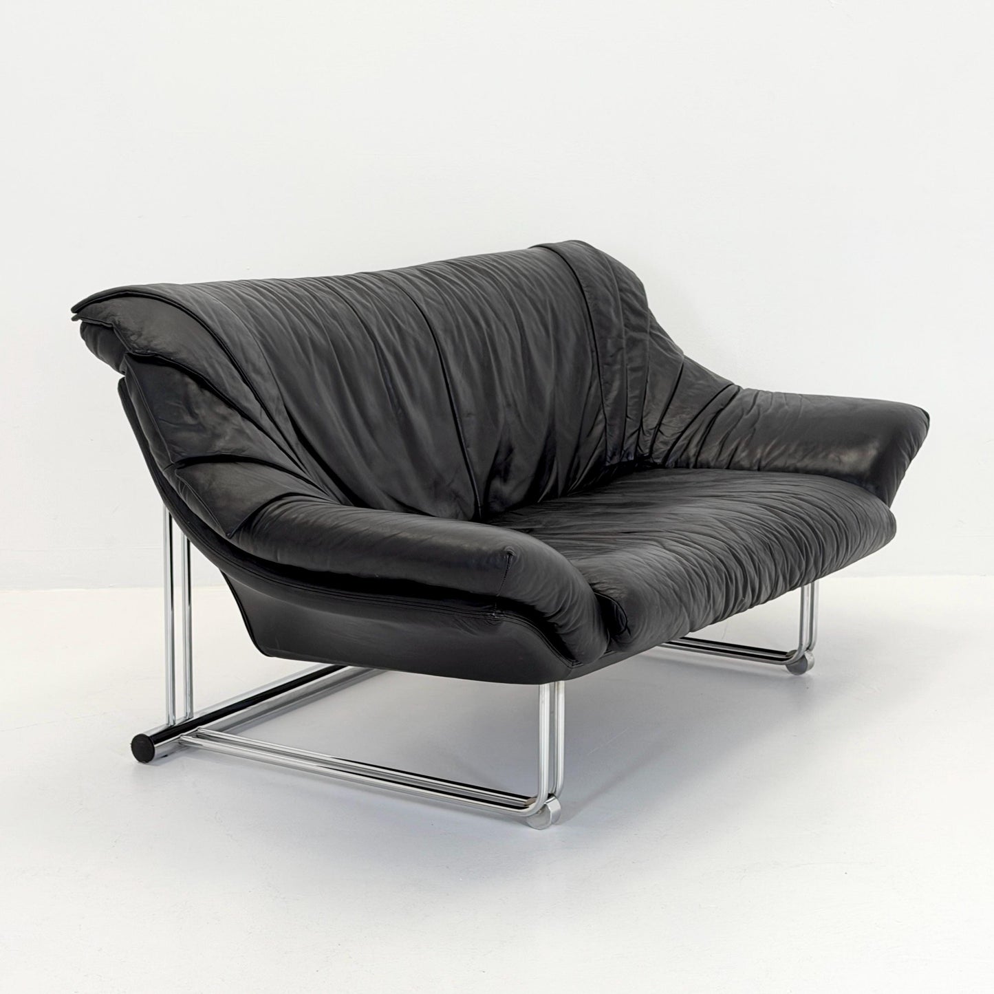 Mid Century Bauhaus Black Leather Two Seater Sofa, Italy 1980s