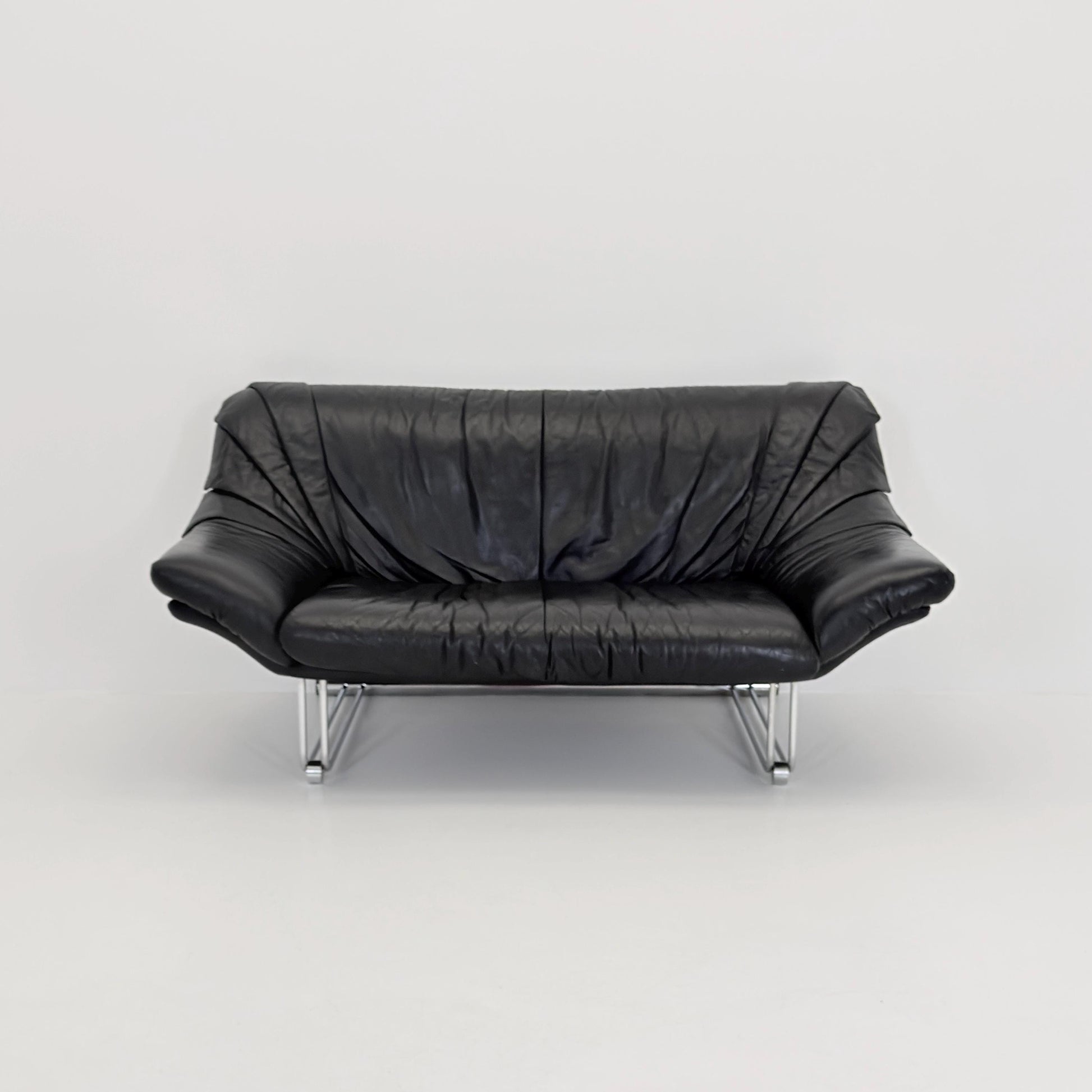 Mid Century Bauhaus Black Leather Two Seater Sofa, Italy 1980s