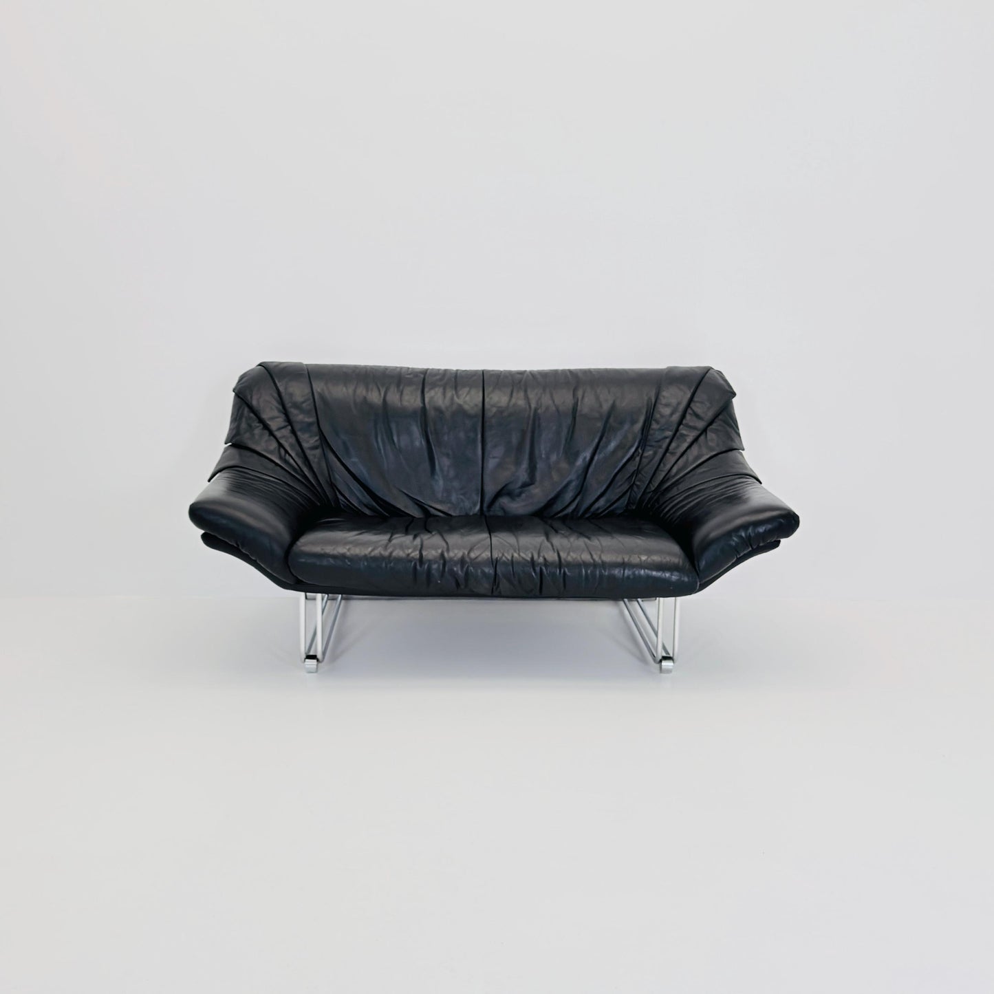 Mid Century Bauhaus Black Leather Two Seater Sofa, Italy 1980s