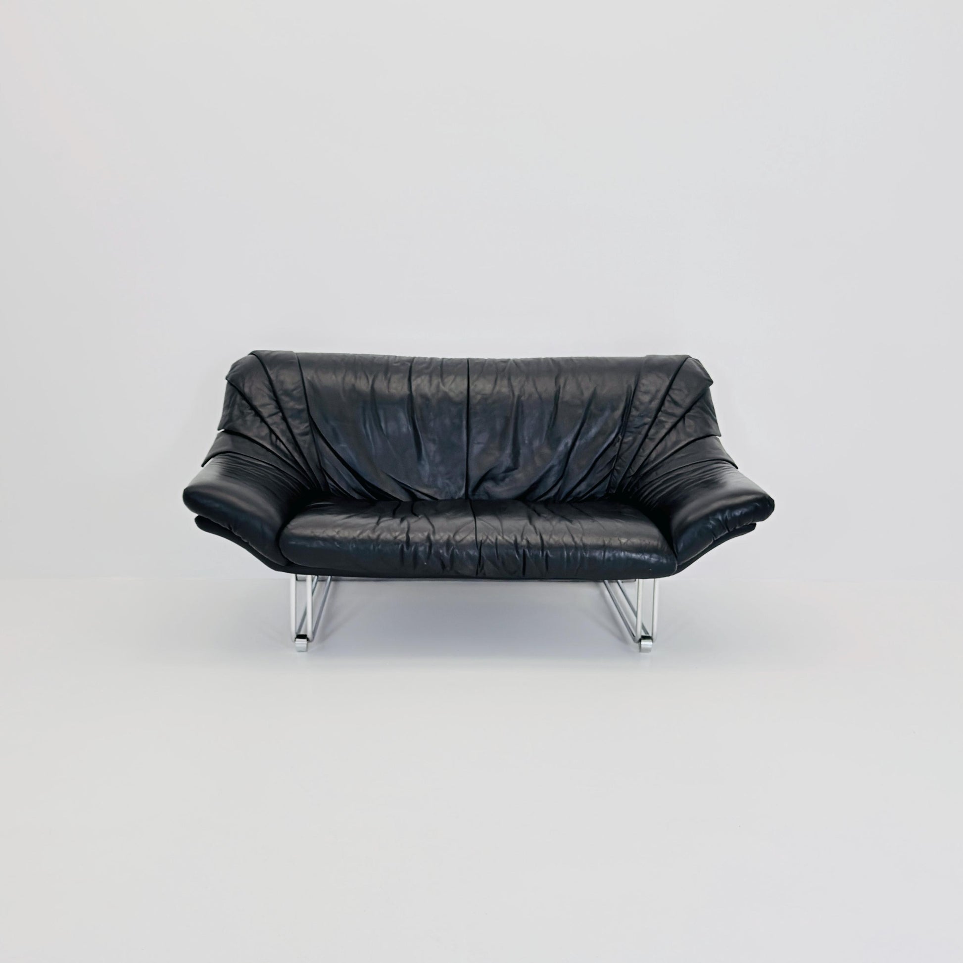 Mid Century Bauhaus Black Leather Two Seater Sofa, Italy 1980s