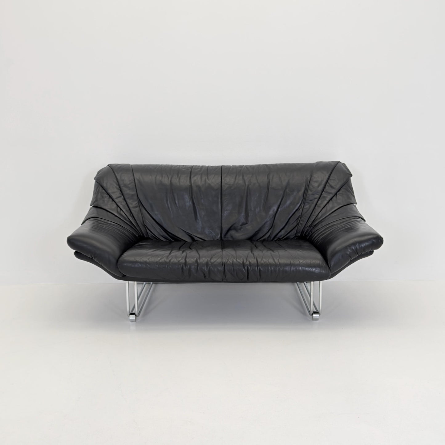 Mid Century Bauhaus Black Leather Two Seater Sofa, Italy 1980s