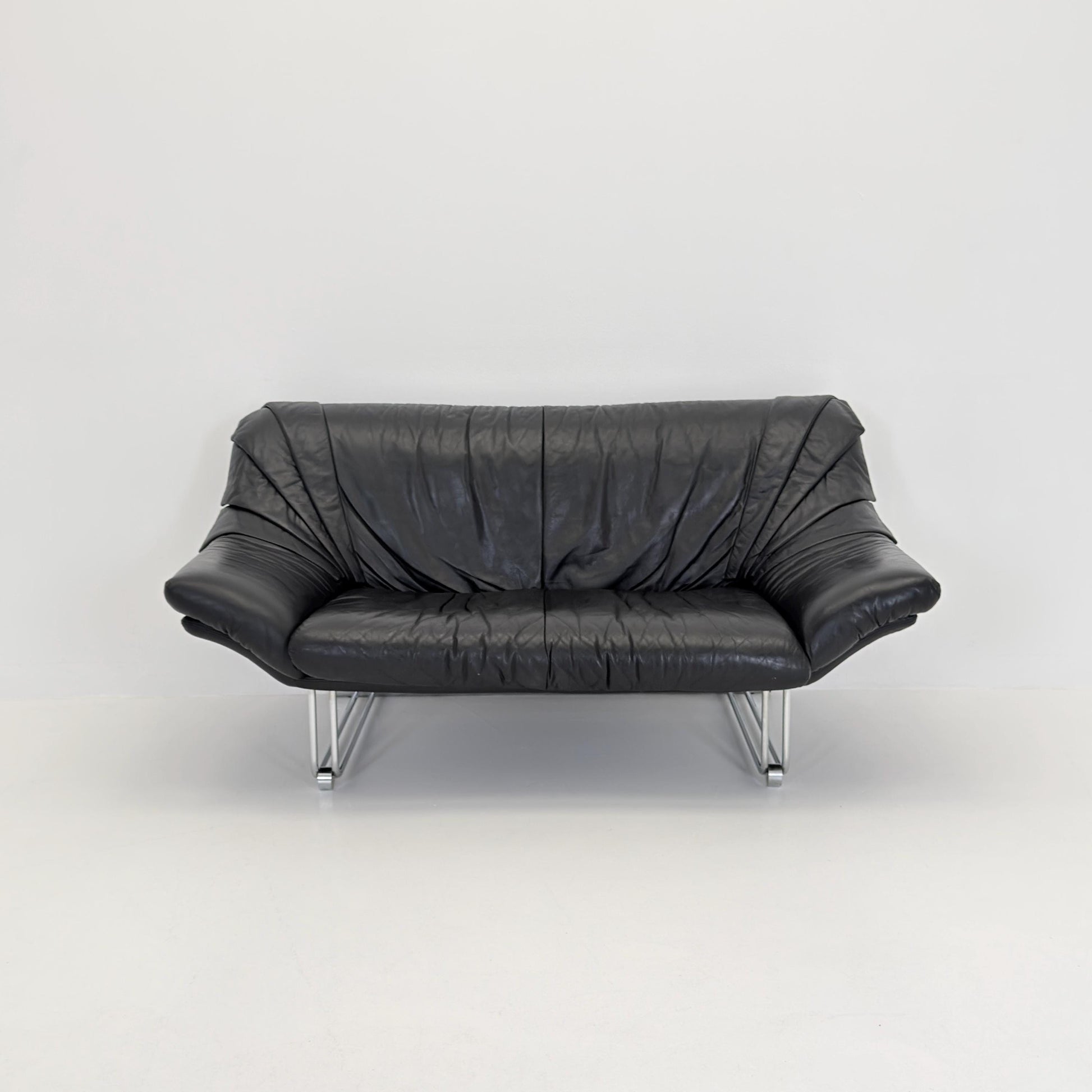 Mid Century Bauhaus Black Leather Two Seater Sofa, Italy 1980s