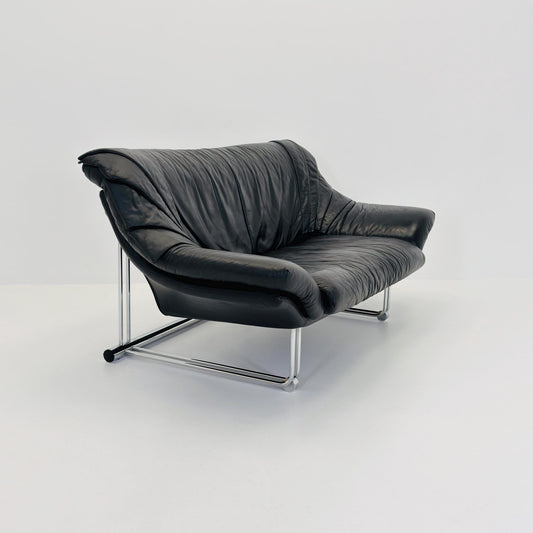 Mid Century Bauhaus Black Leather Two Seater Sofa, Italy 1980s