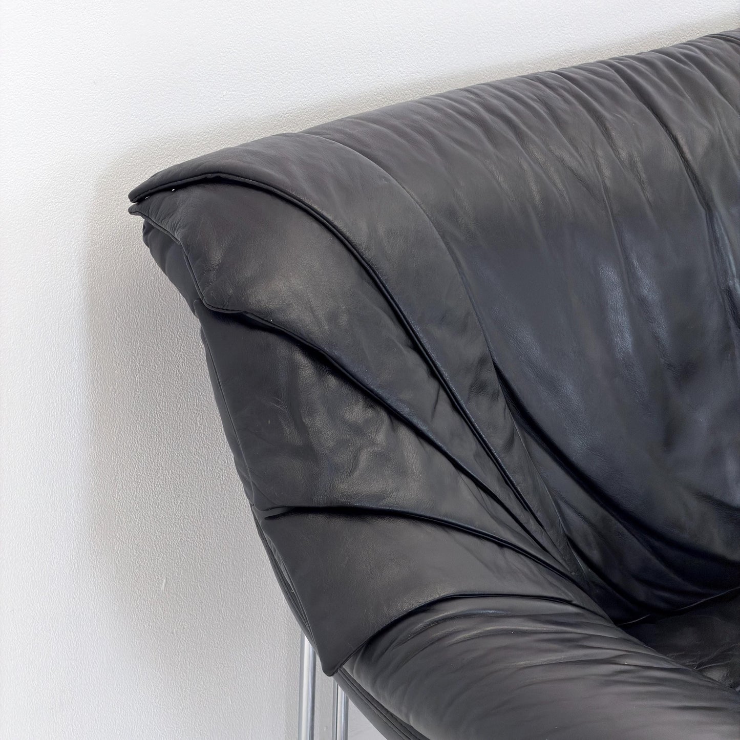 Mid Century Bauhaus Black Leather Two Seater Sofa, Italy 1980s