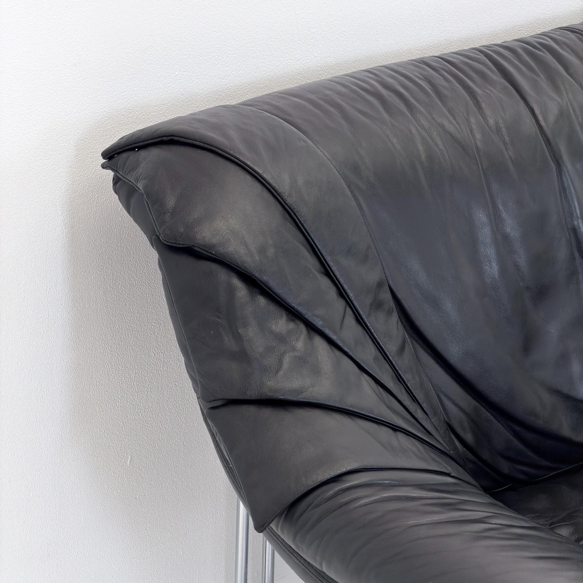Mid Century Bauhaus Black Leather Two Seater Sofa, Italy 1980s